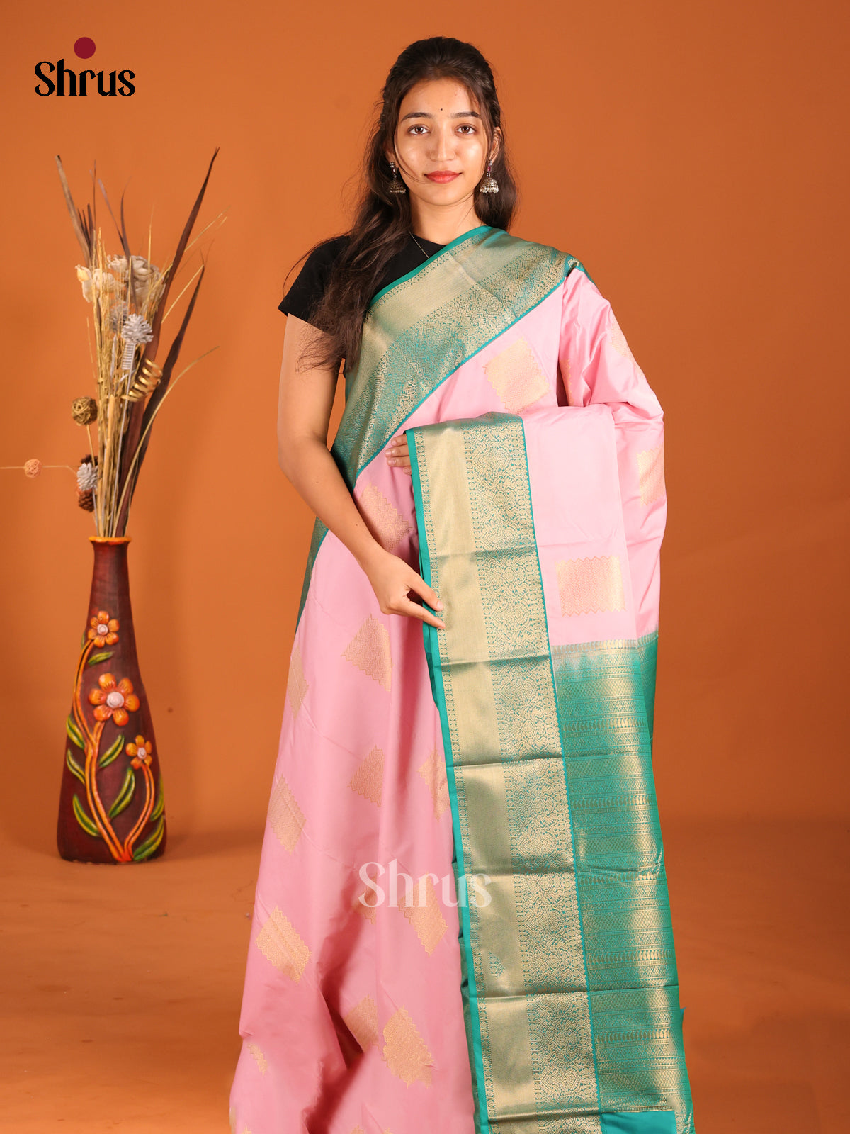 Pink & Green - Semi Kanchipuram Saree - Shop on Shrus.com