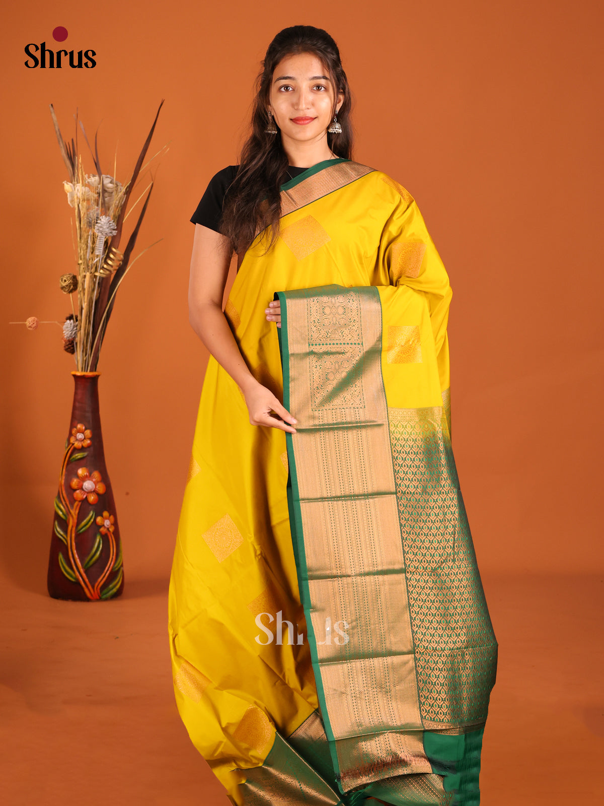 Yellow & Green - Semi Kanchipuram Saree - Shop on Shrus.com