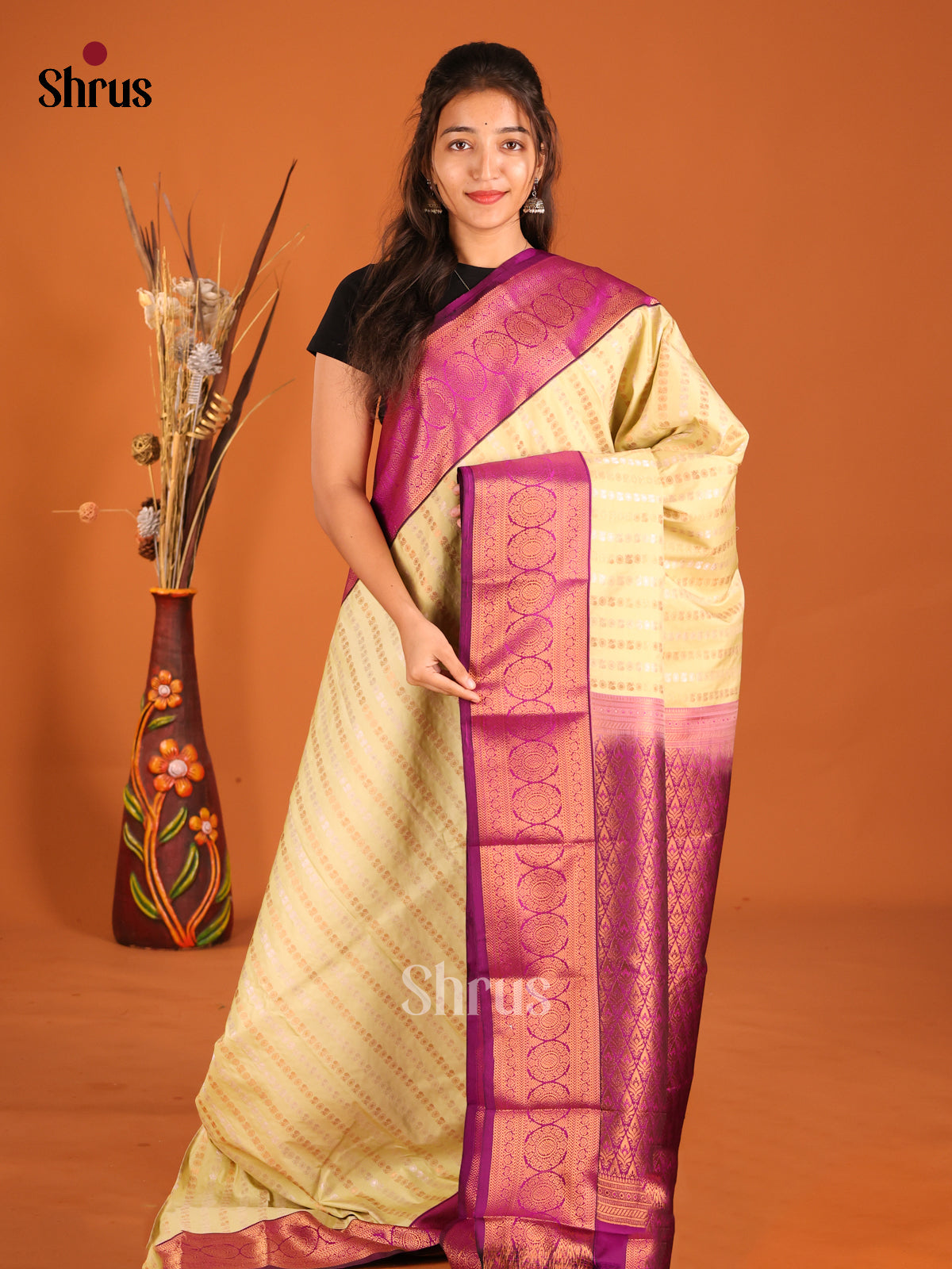 Cream & Purple- Semi Kanchipuram Saree
