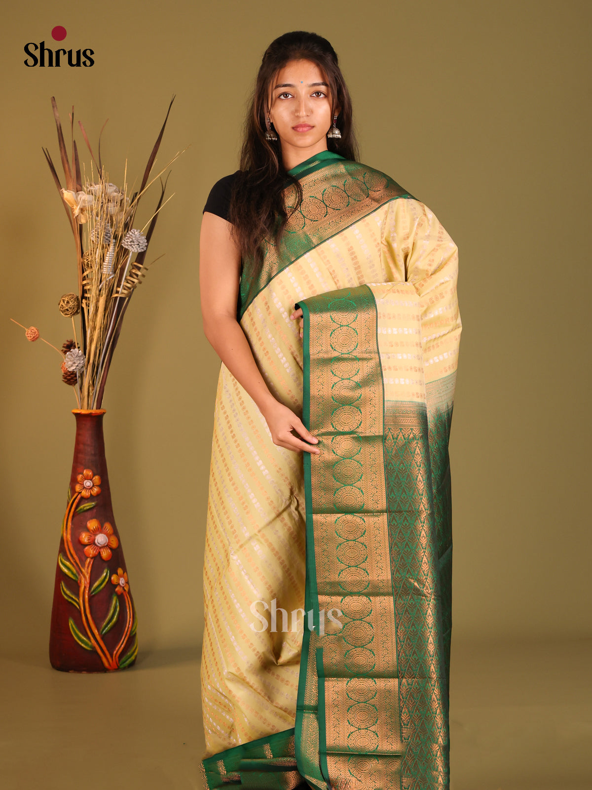 Cream & Green - Semi Kanchipuram Saree