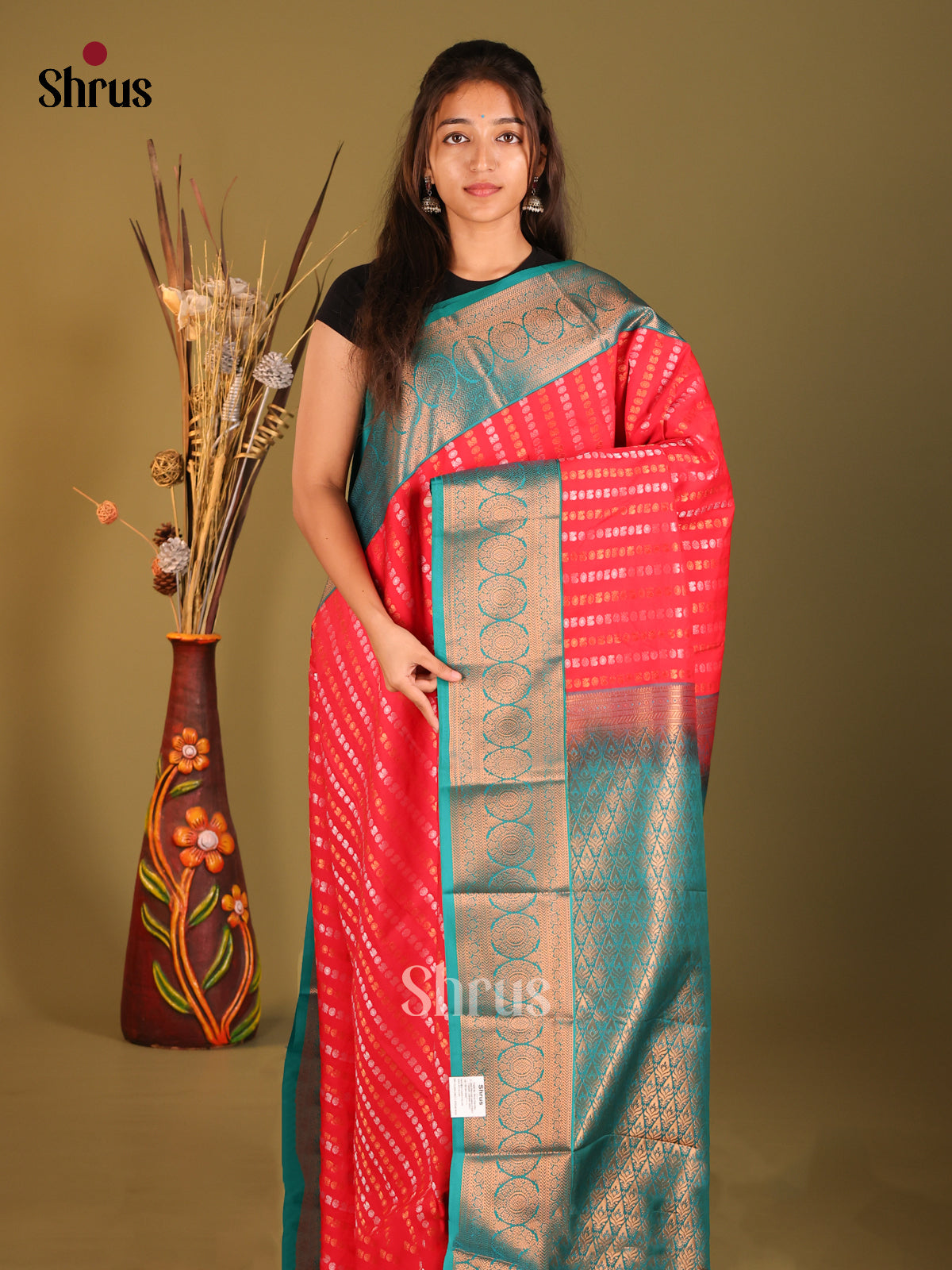 Red & Teal - Semi Kanchipuram Saree - Shop on Shrus.com