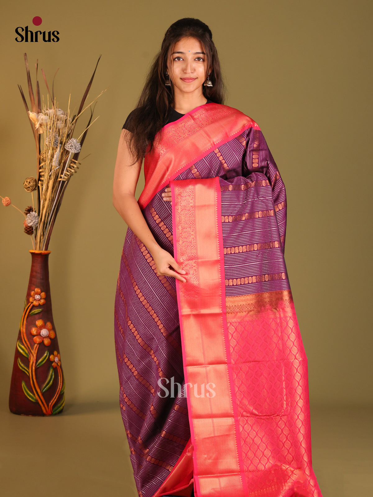 Purple & Pink - Semi Kanchipuram Saree - Shop on Shrus.com