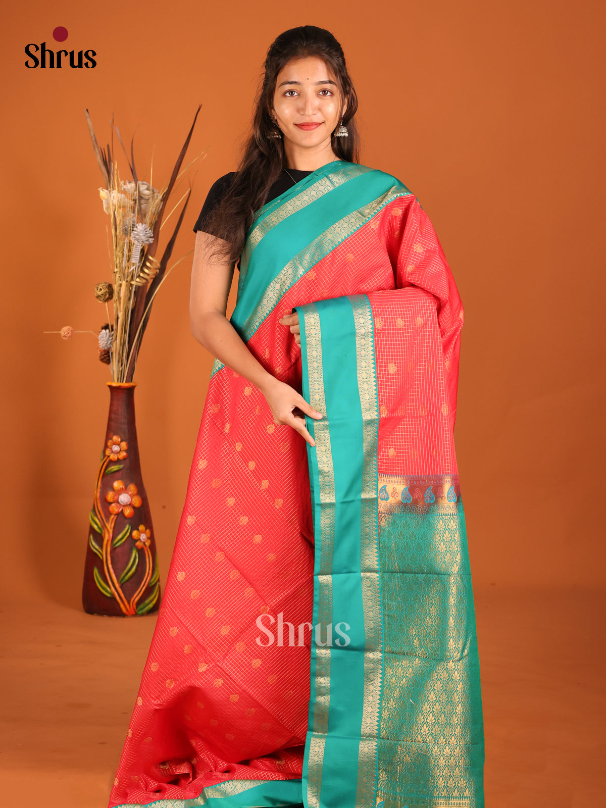 Orangish Pink & Green - Semi Kanchipuram Saree - Shop on Shrus.com