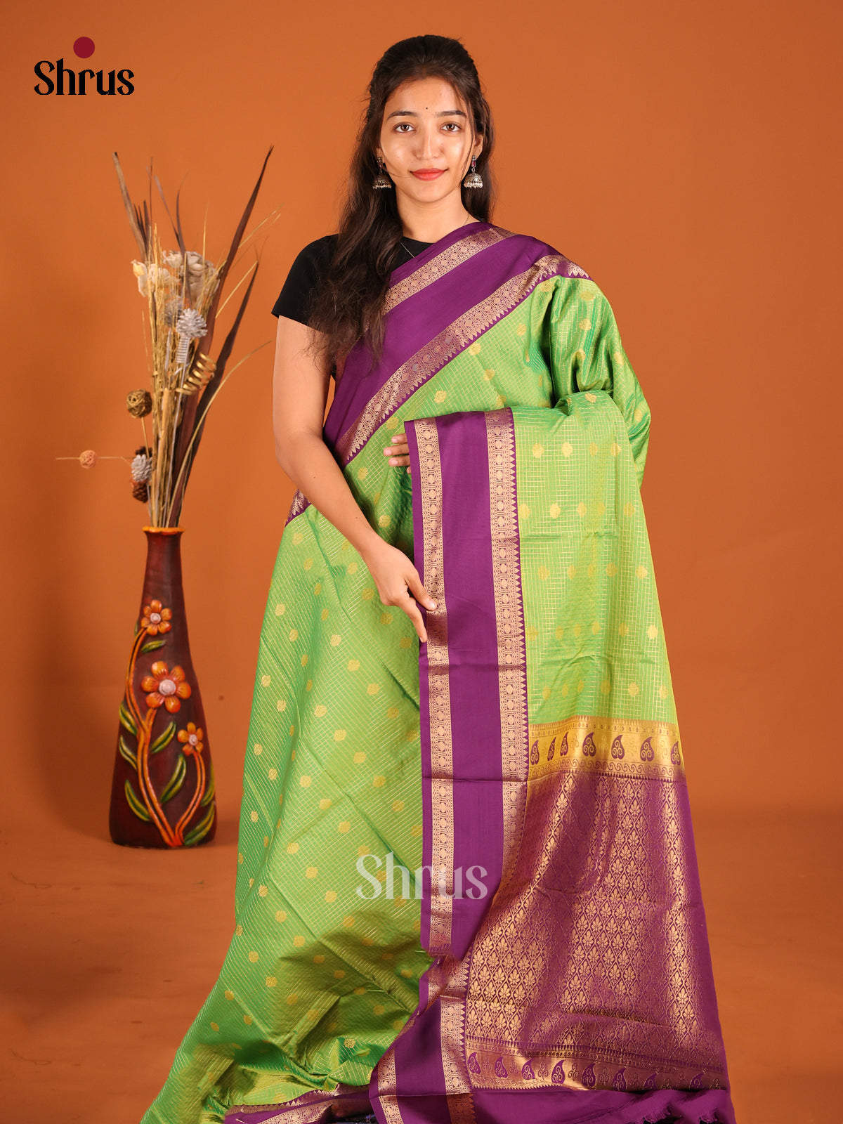 Parrot Green & Purple- Semi Kanchipuram Saree