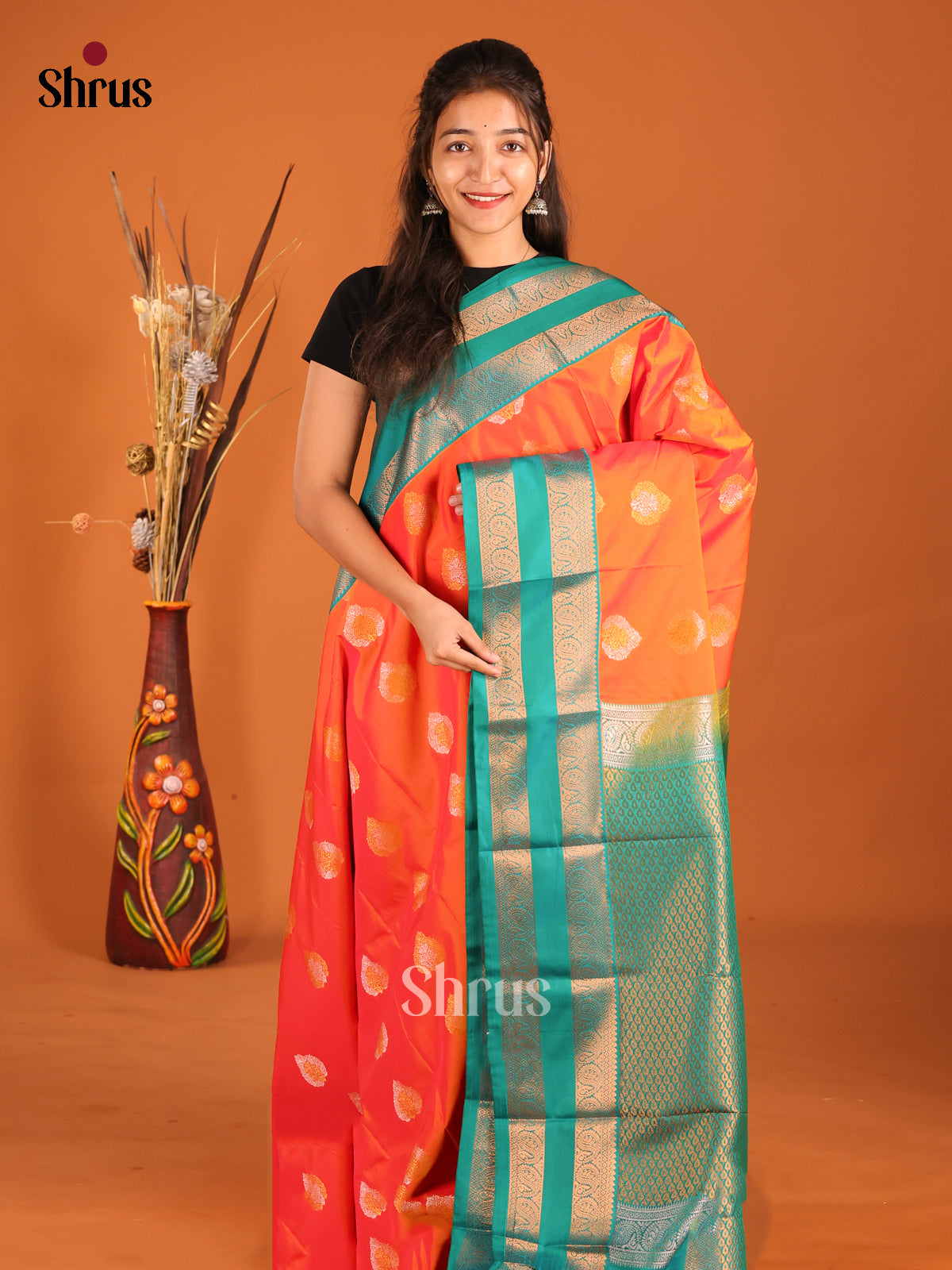 Orange & Green- Semi Kanchipuram Saree - Shop on Shrus.com