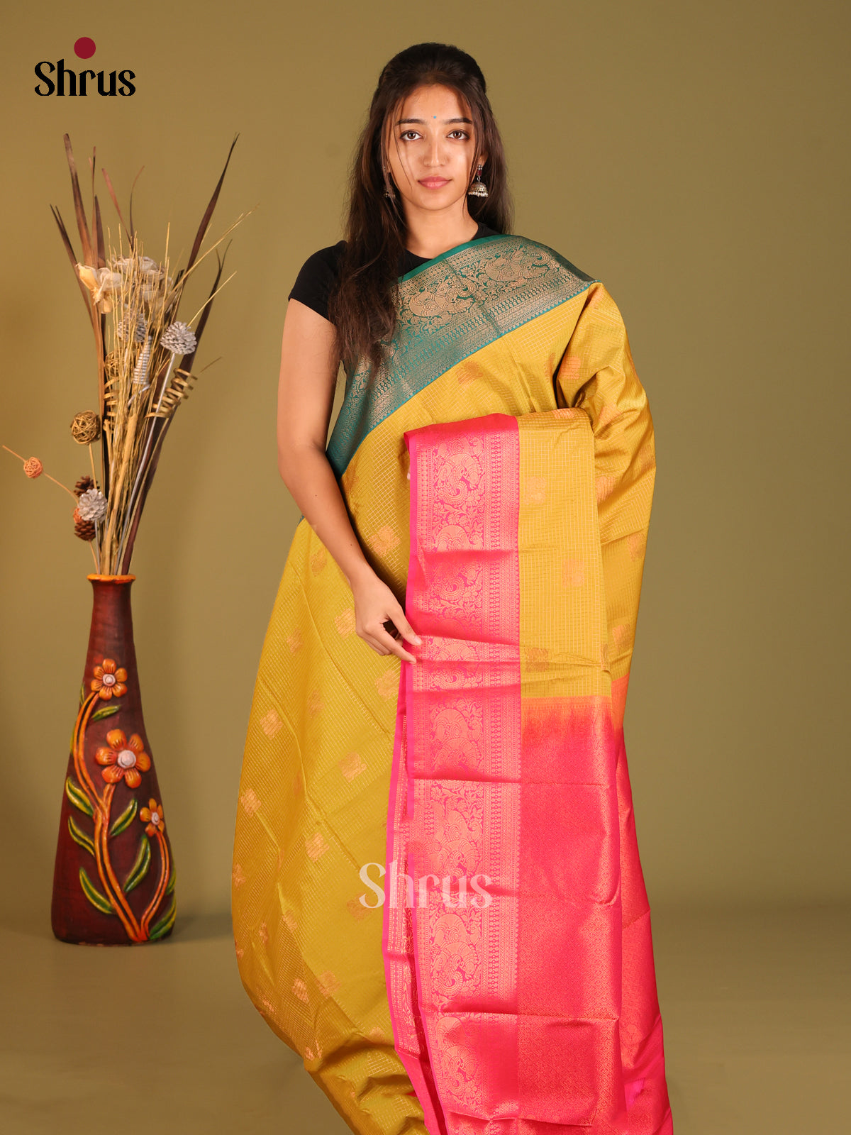 Mustardy Green & Pink - Semi Kanchipuram Saree - Shop on Shrus.com
