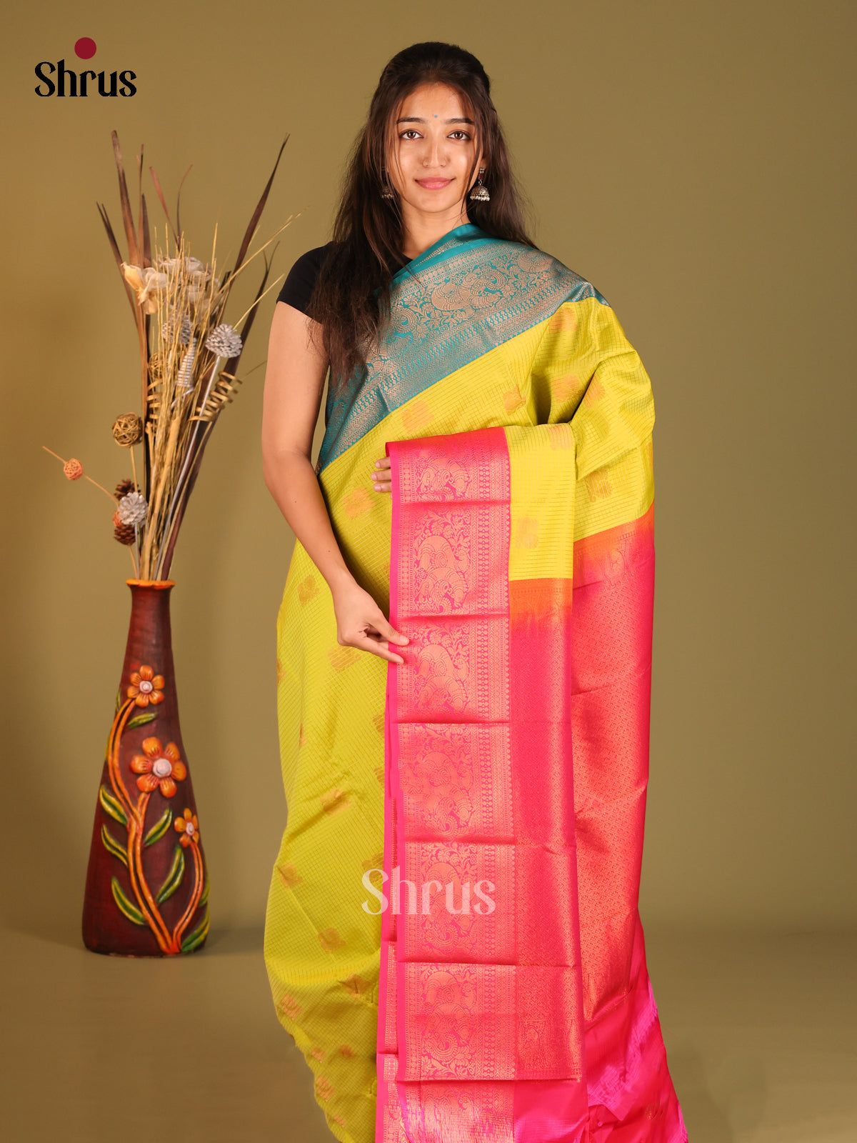 Lime Green & Pink - Semi Kanchipuram Saree