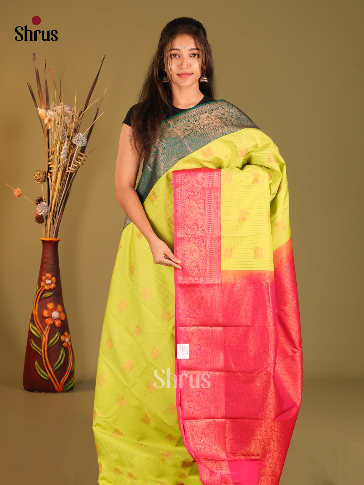 Light Green & Pink - Semi Kanchipuram Saree