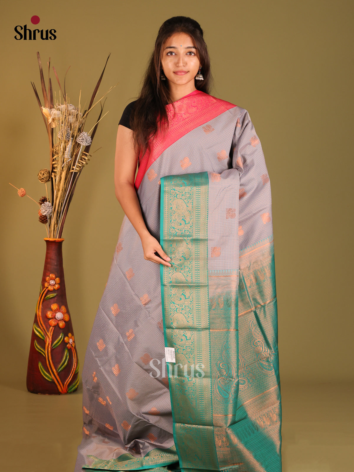 Grey & Green - Semi Kanchipuram Saree - Shop on Shrus.com