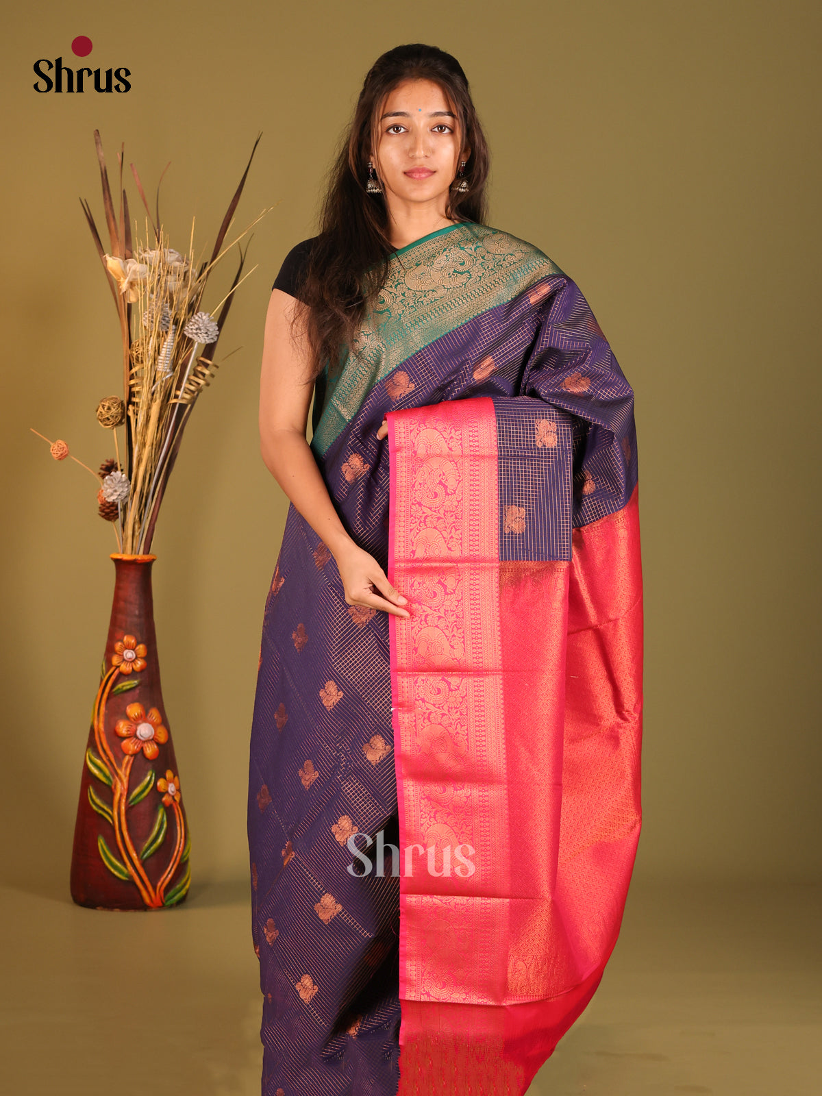 Blue & Pink - Semi Kanchipuram Saree