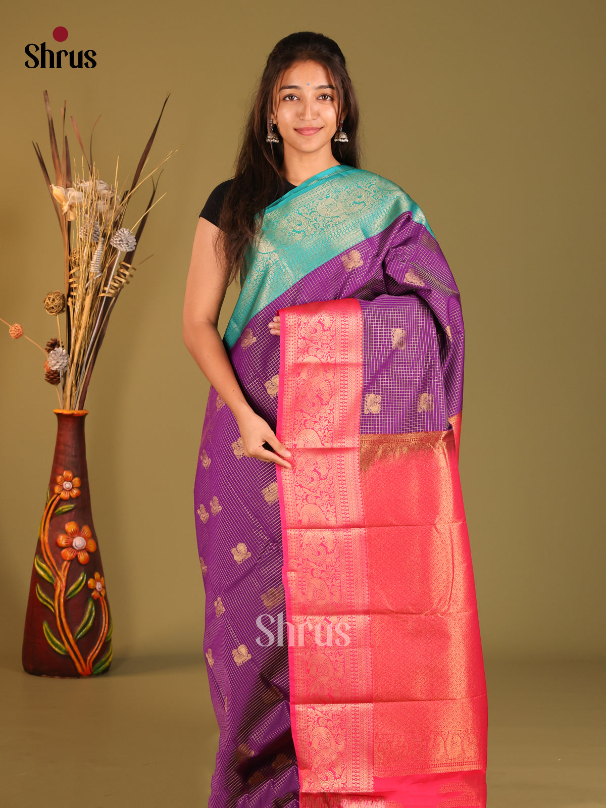 Violet & Pink - Semi Kanchipuram Saree - Shop on Shrus.com