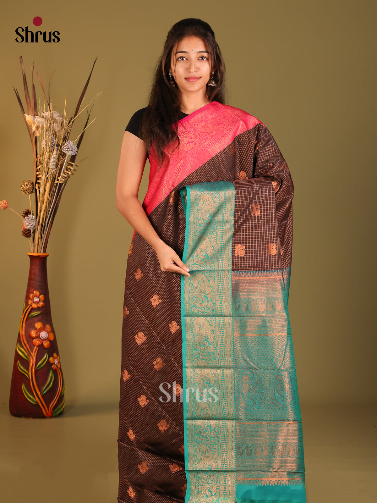 Brown & Green - Semi Kanchipuram Saree