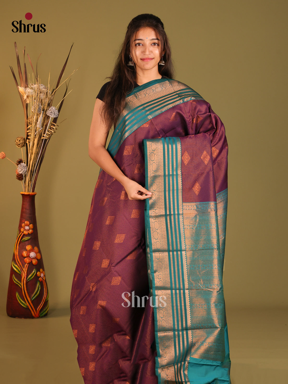 Purple & Blue - Semi Kanchipuram Saree - Shop on Shrus.com