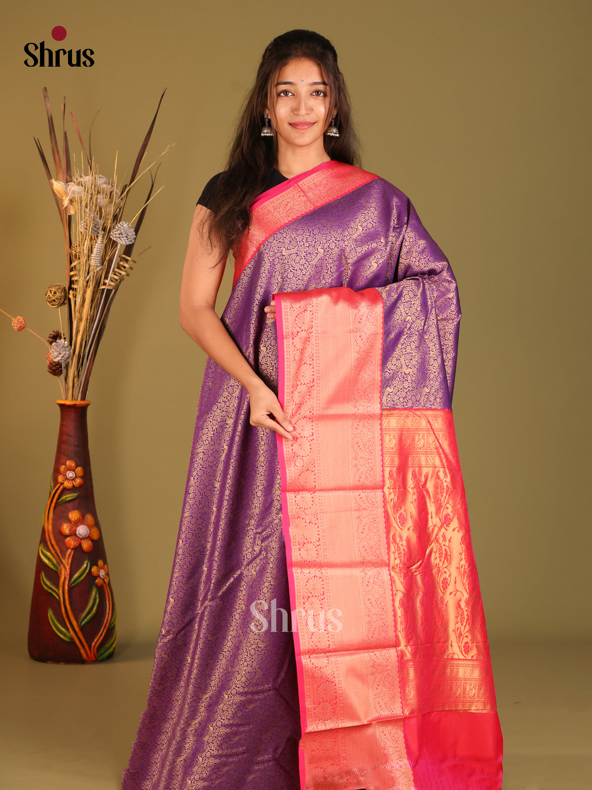 Violet & Pink - Semi Kanchipuram Saree - Shop on Shrus.com