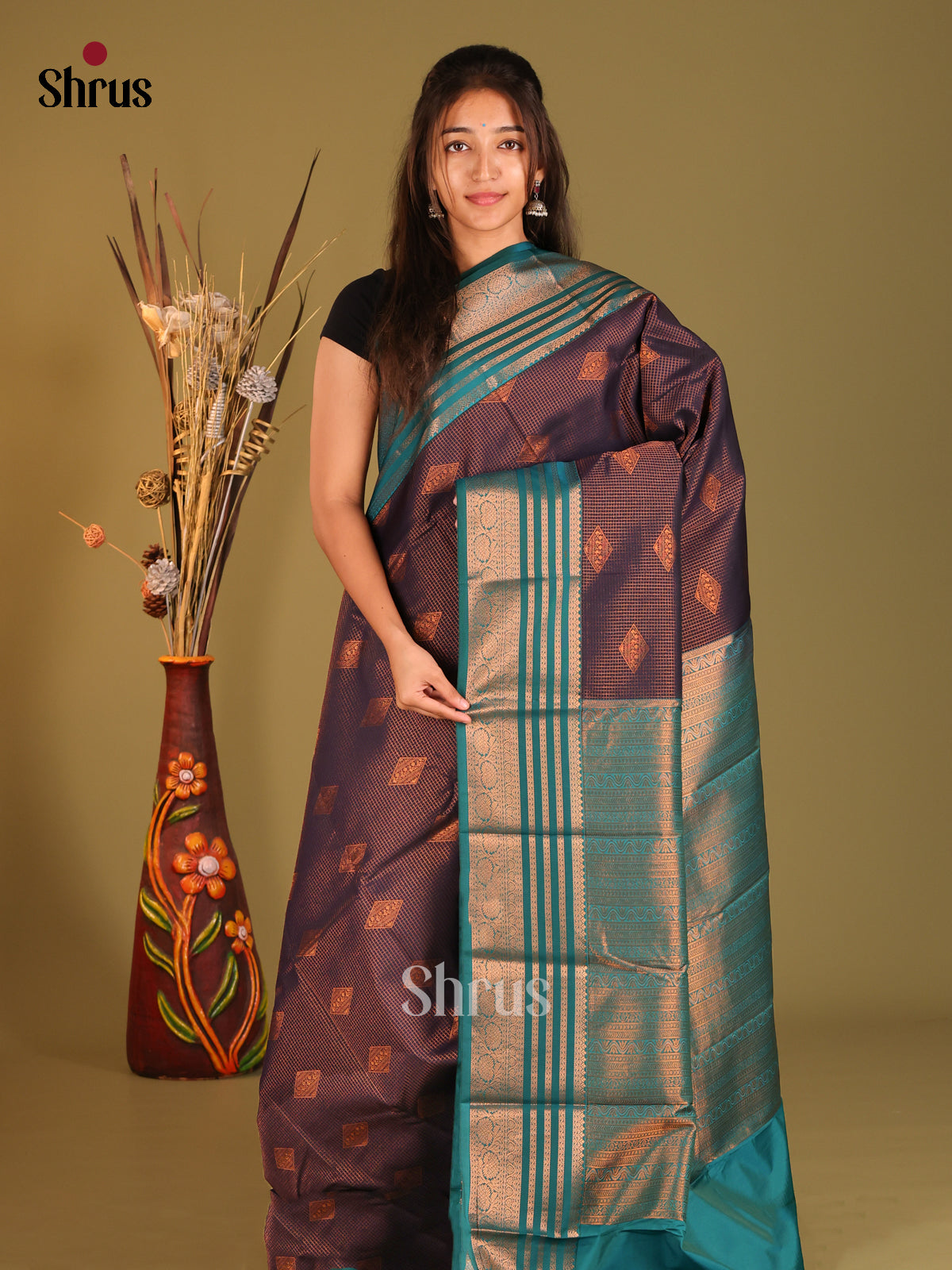 Navy Blue & Blue - Semi Kanchipuram Saree - Shop on Shrus.com