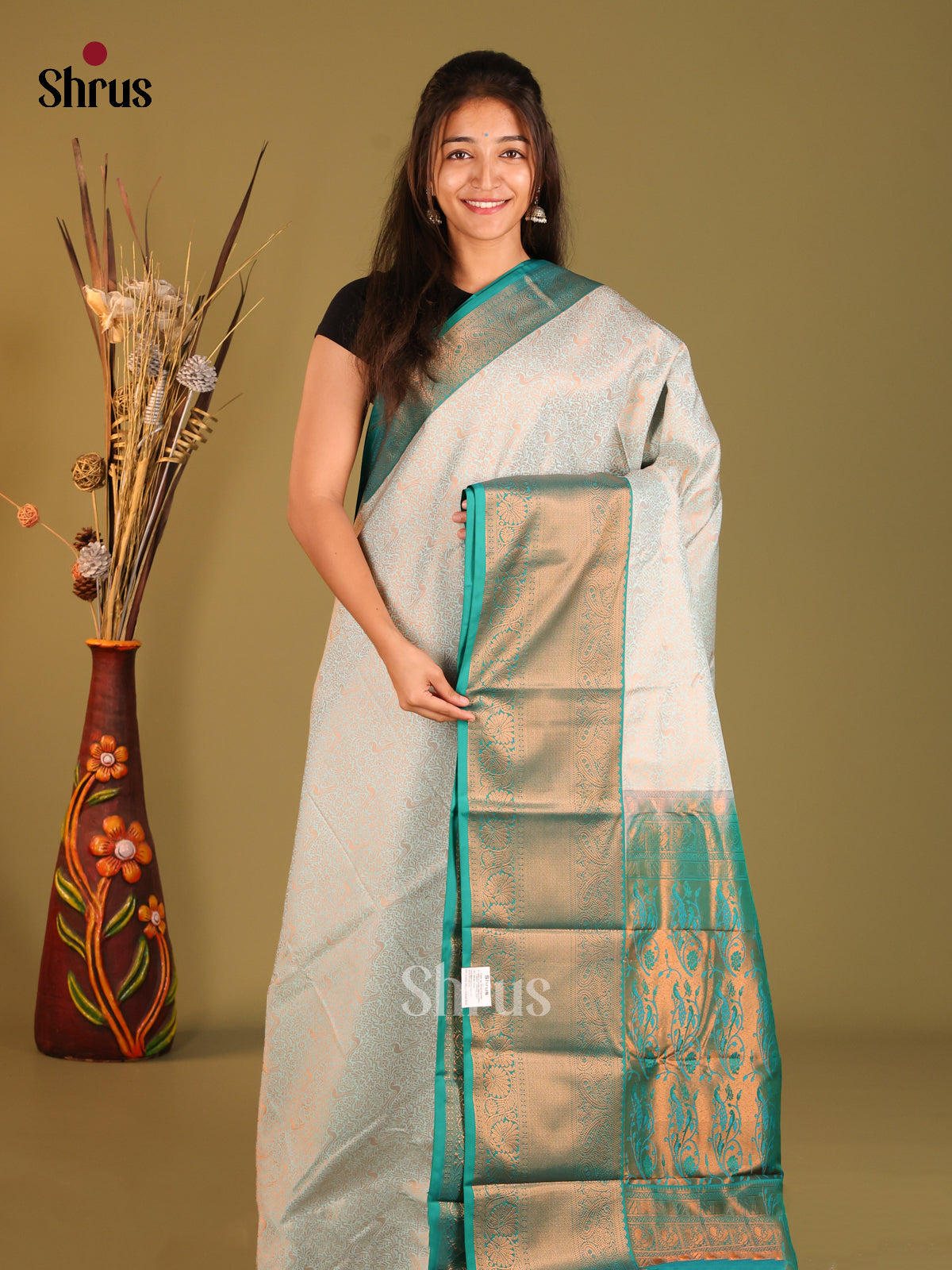 Pastel Blue & Blue- Semi Kanchipuram Saree - Shop on Shrus.com