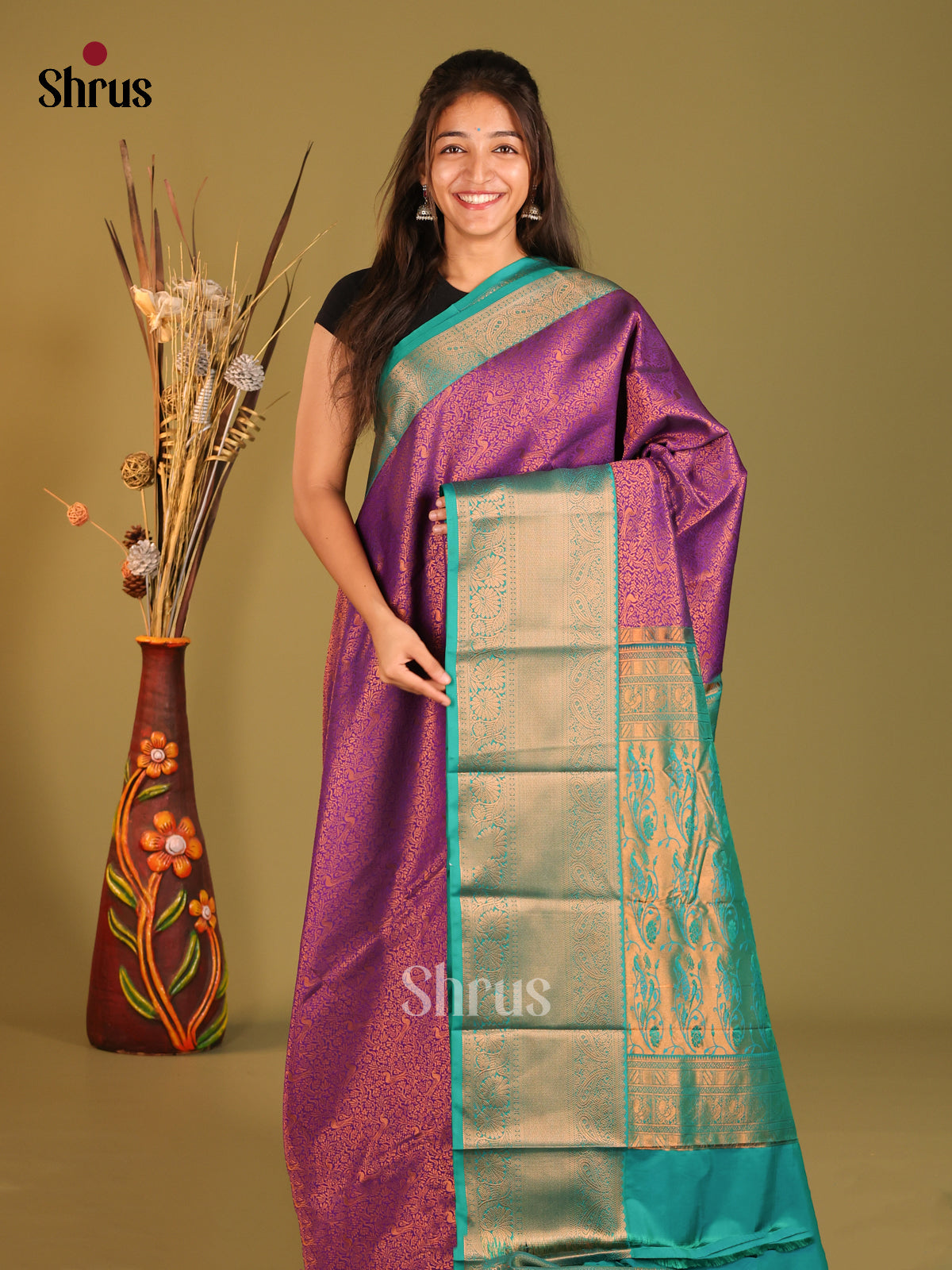 Violet & Green - Semi Kanchipuram Saree - Shop on Shrus.com