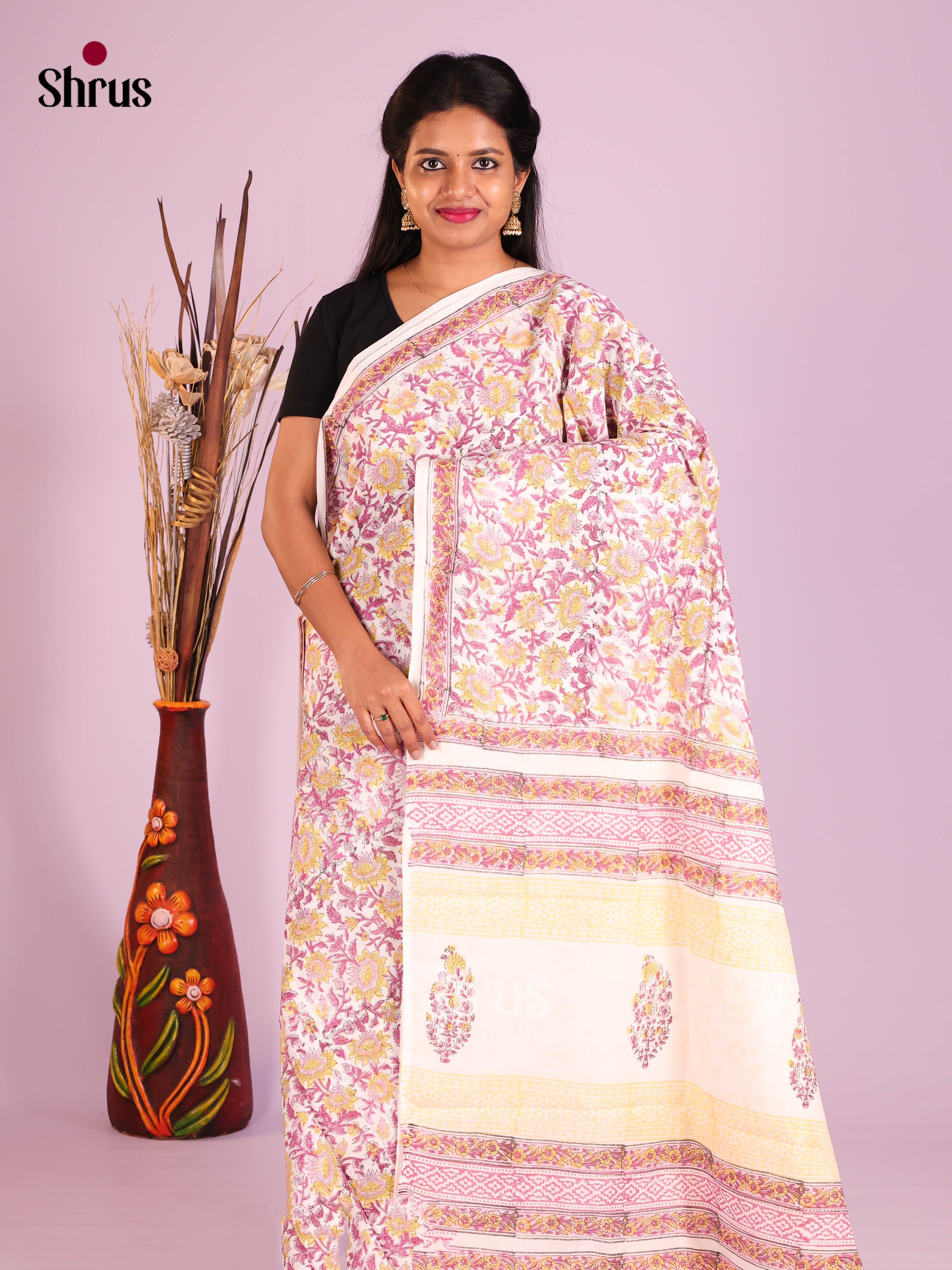 Cream & Purple - Jaipur cotton Saree