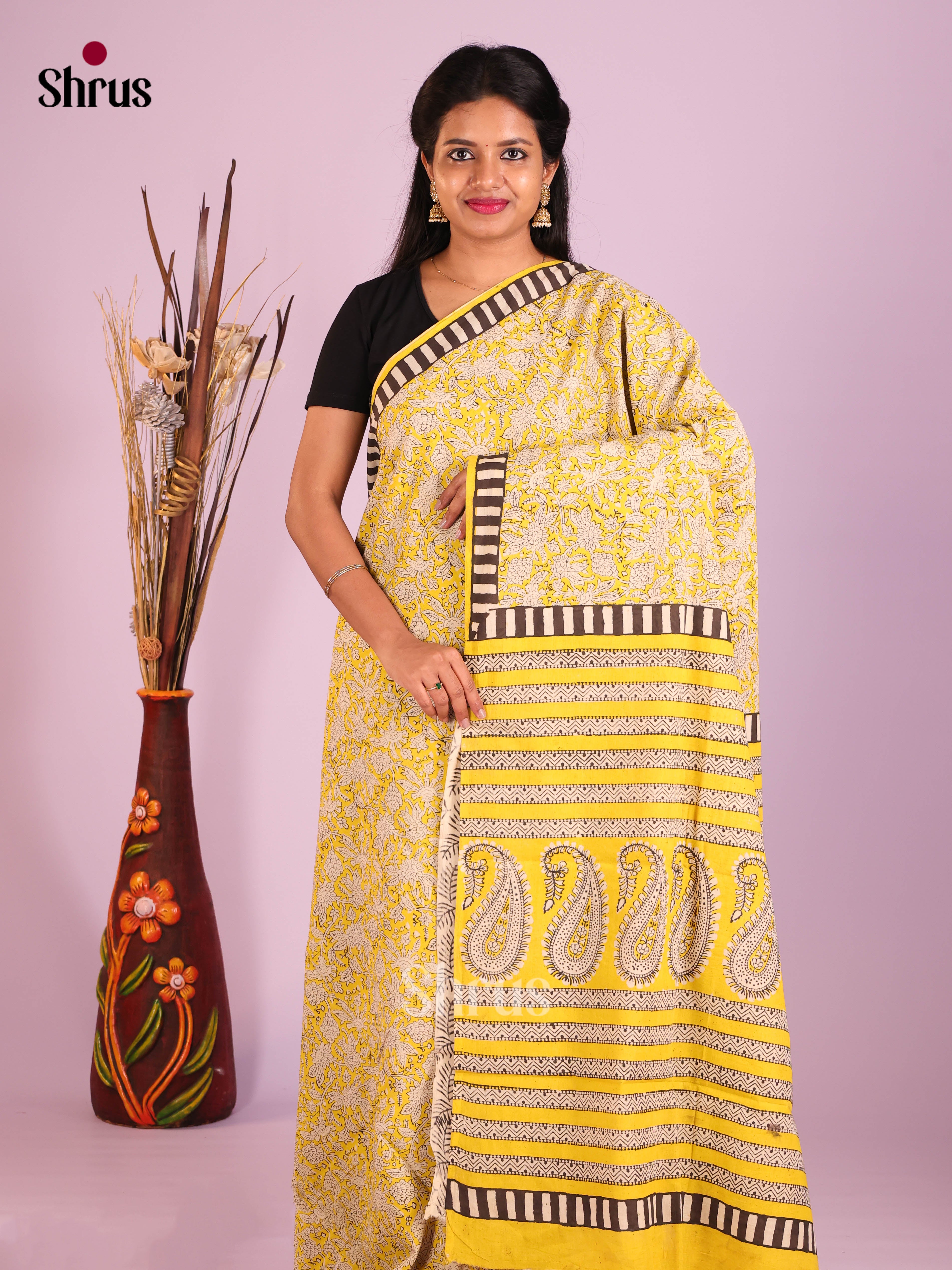 Yellow & Cream - Jaipur cotton Saree - Shop on Shrus.com