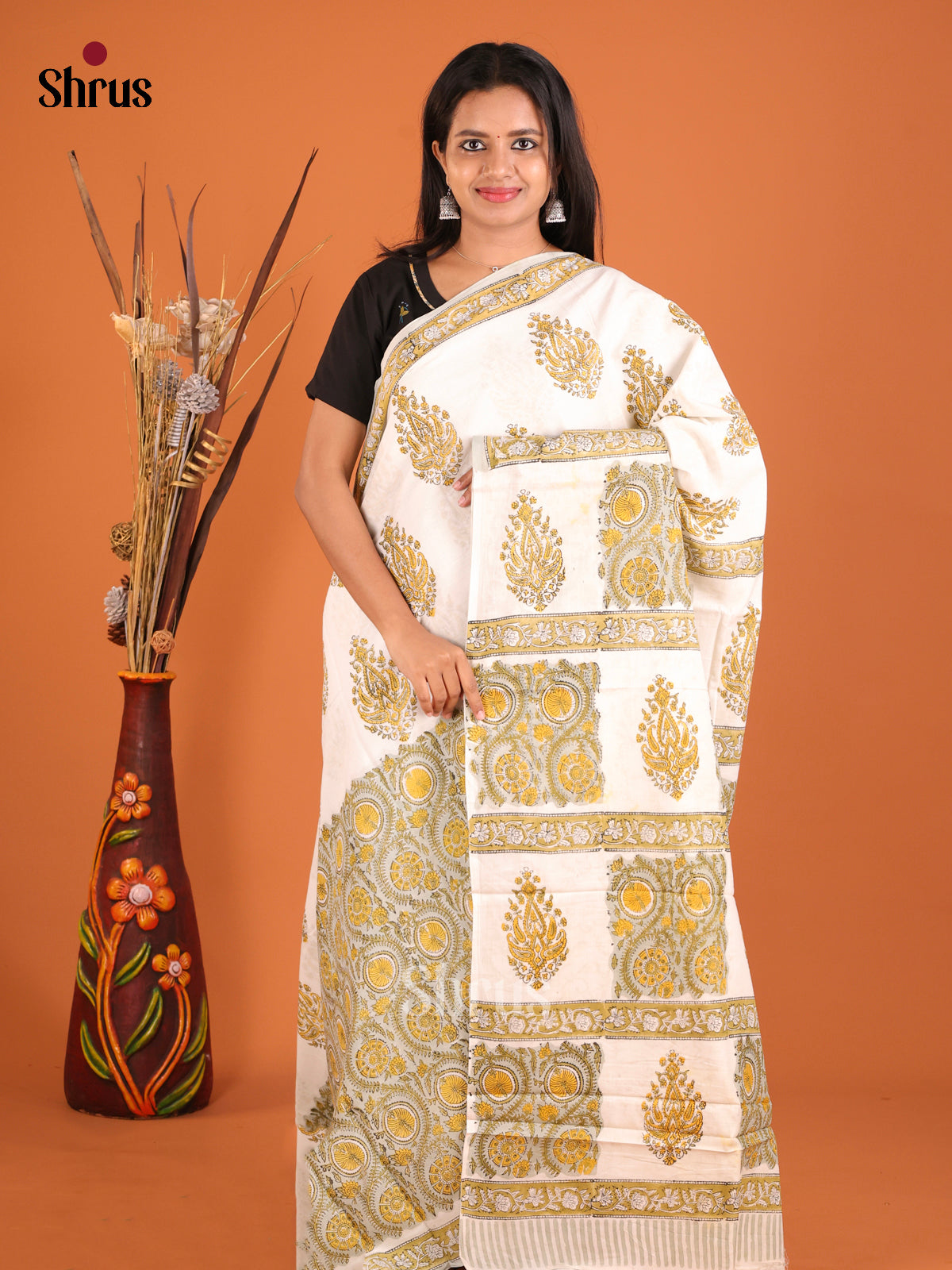 Cream & Yellow - Jaipur cotton Saree