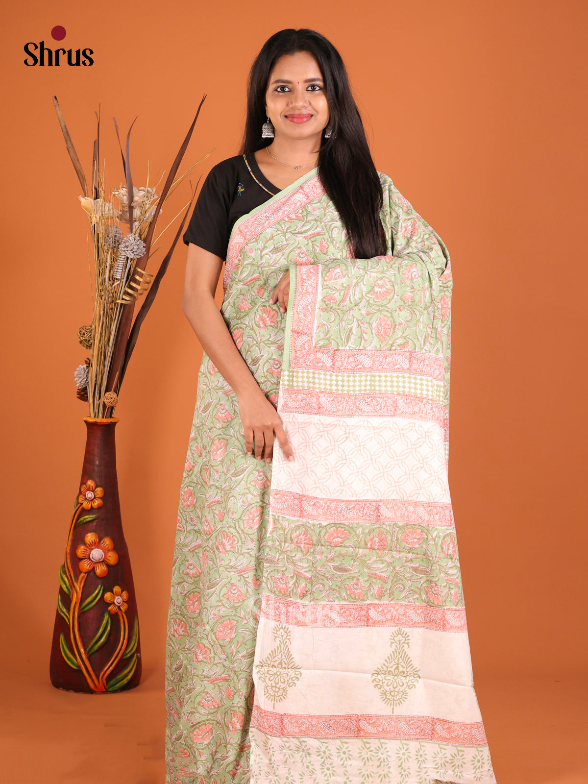 Green & Pink- Jaipur cotton Saree - Shop on Shrus.com
