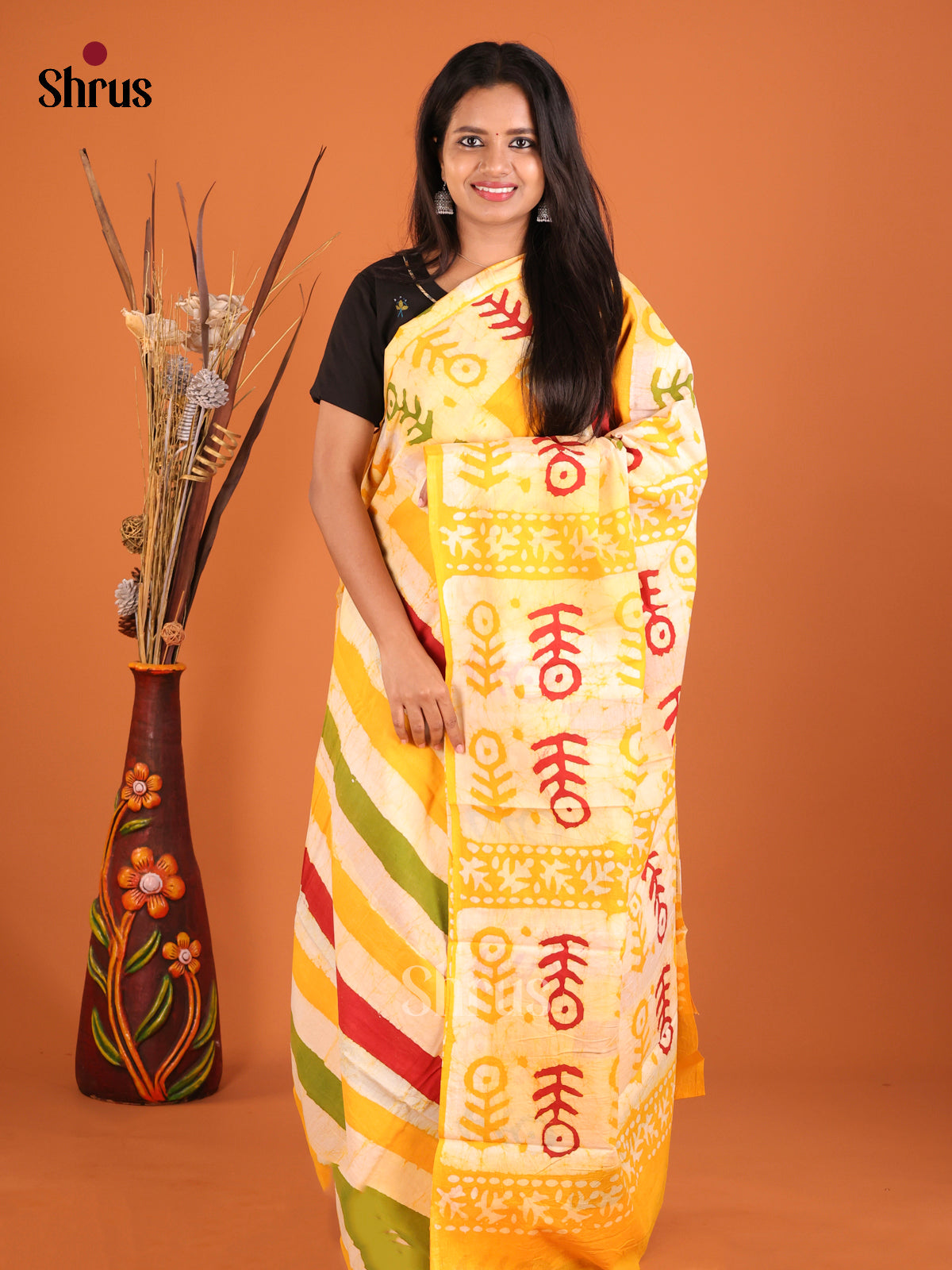 Cream & Yellow - Jaipur cotton Saree
