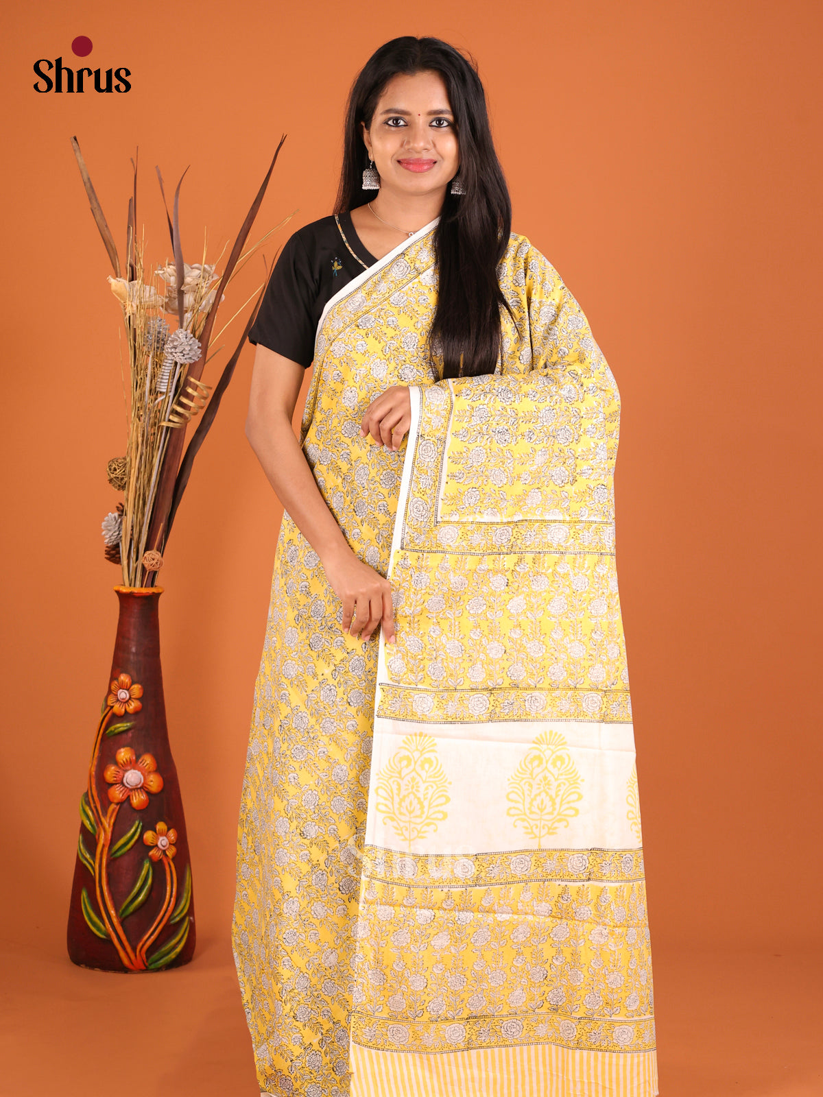 Cream & Yellow - Jaipur cotton Saree
