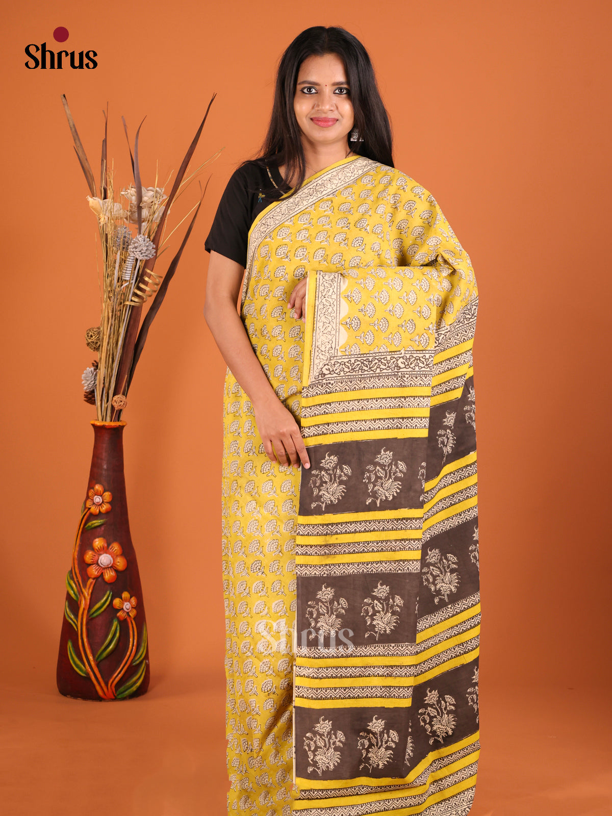 yellow & Cream - Jaipur cotton Saree - Shop on Shrus.com