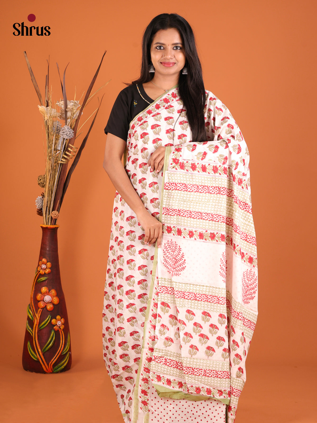 Cream & Red - Jaipur cotton Saree