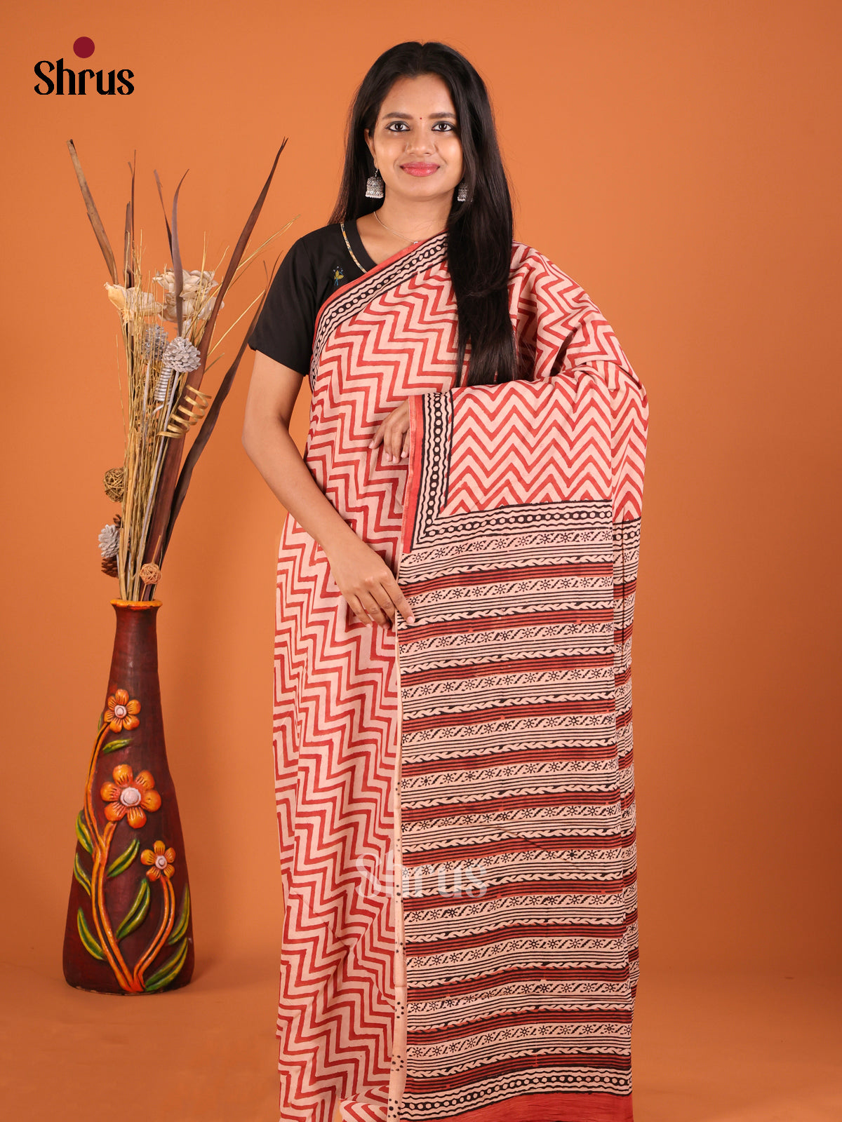 Cream & Orange- Jaipur cotton Saree