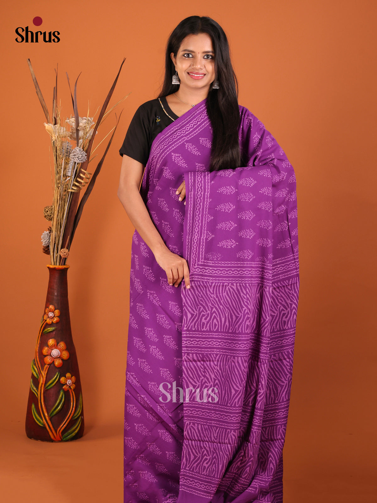 Purple - Jaipur cotton Saree - Shop on Shrus.com