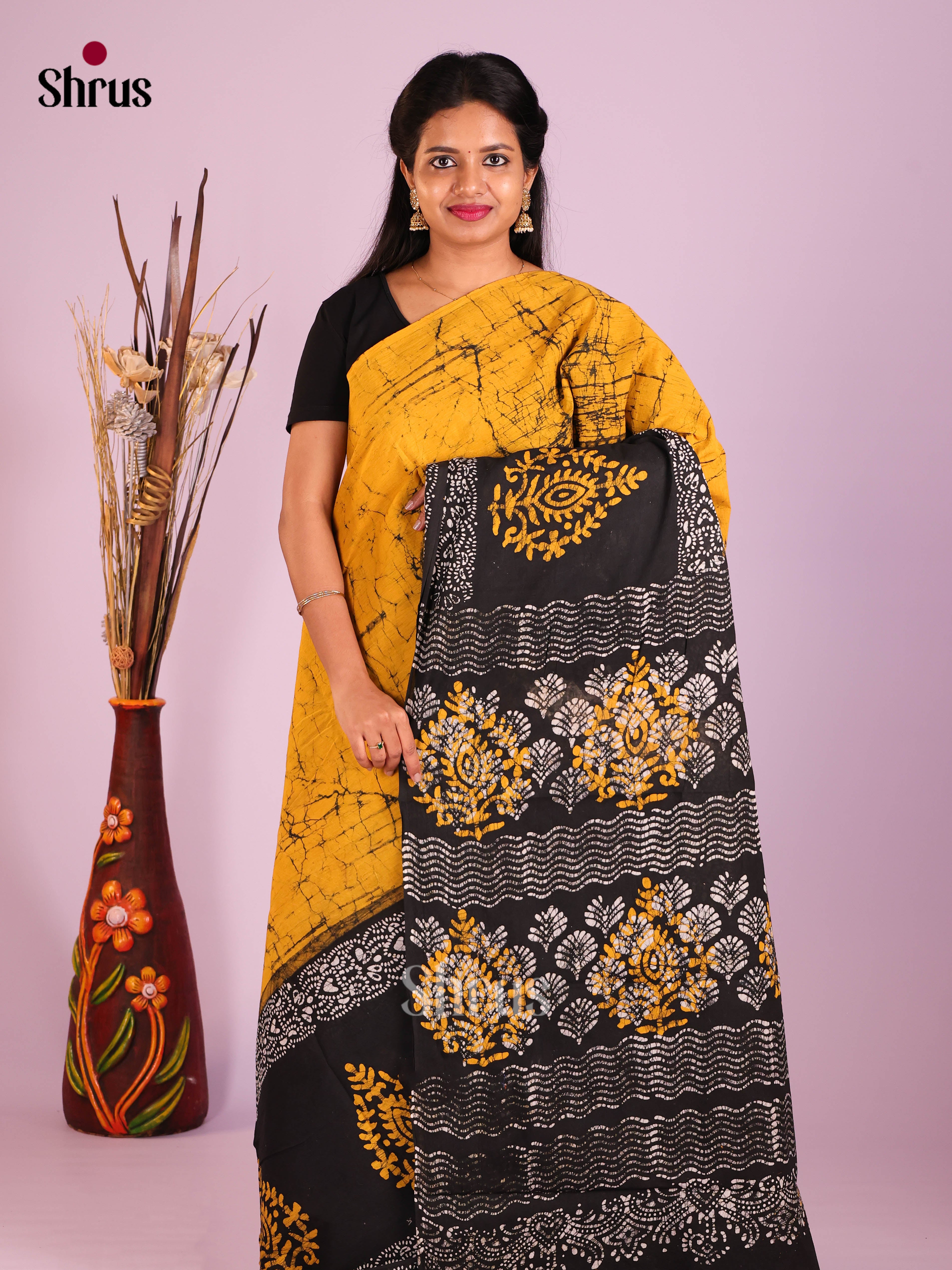 Yellow & Black - Jaipur cotton Saree - Shop on Shrus.com