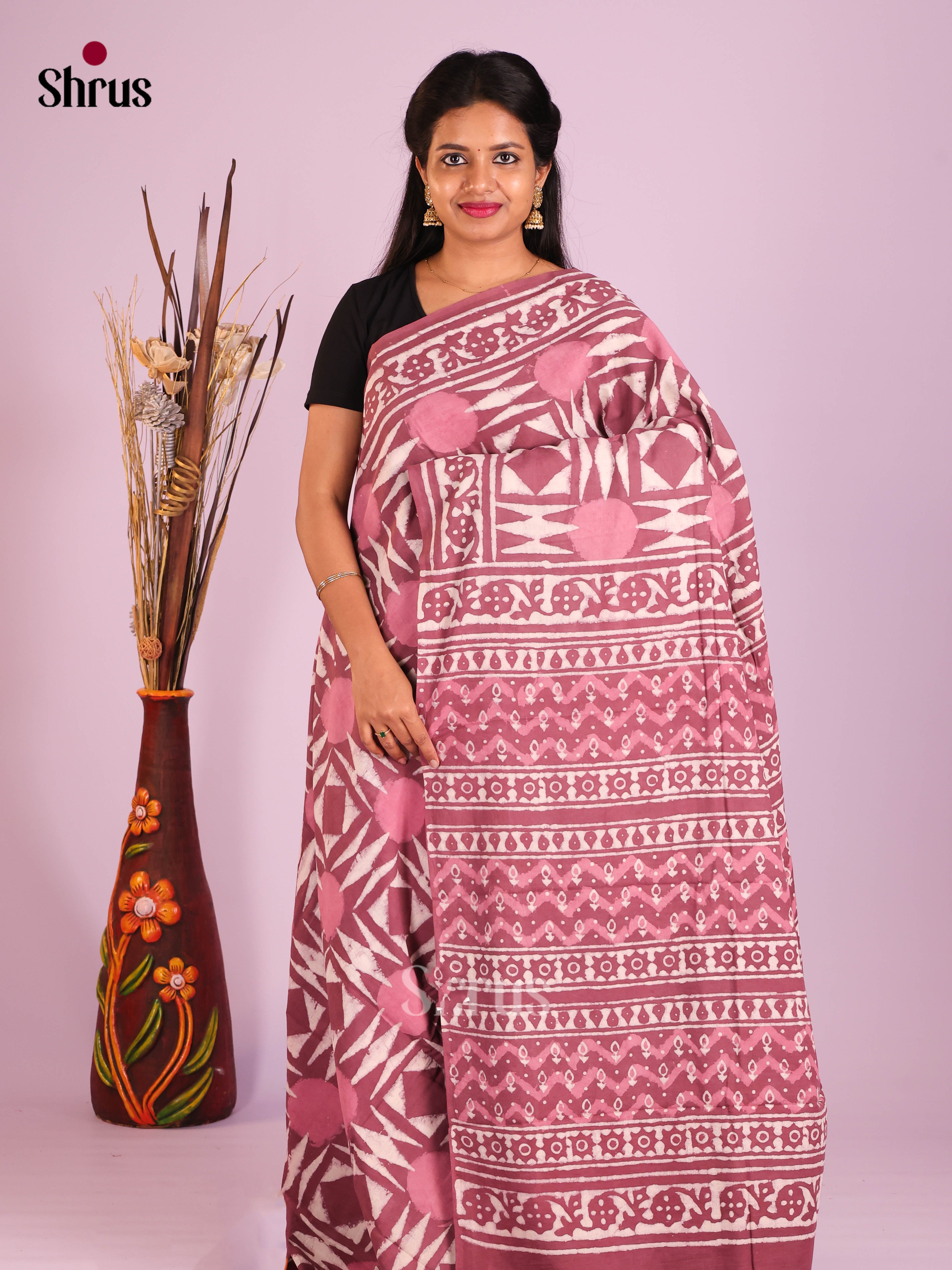 Cream & Onion Pink - Jaipur cotton Saree
