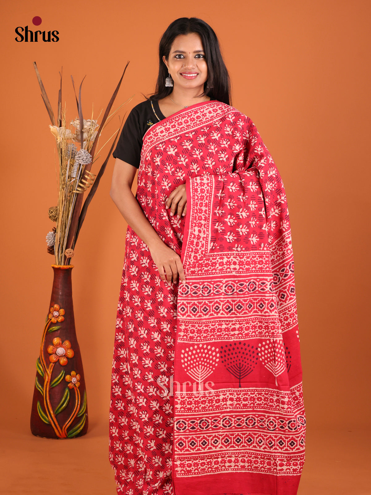 Red - Jaipur cotton Saree - Shop on Shrus.com