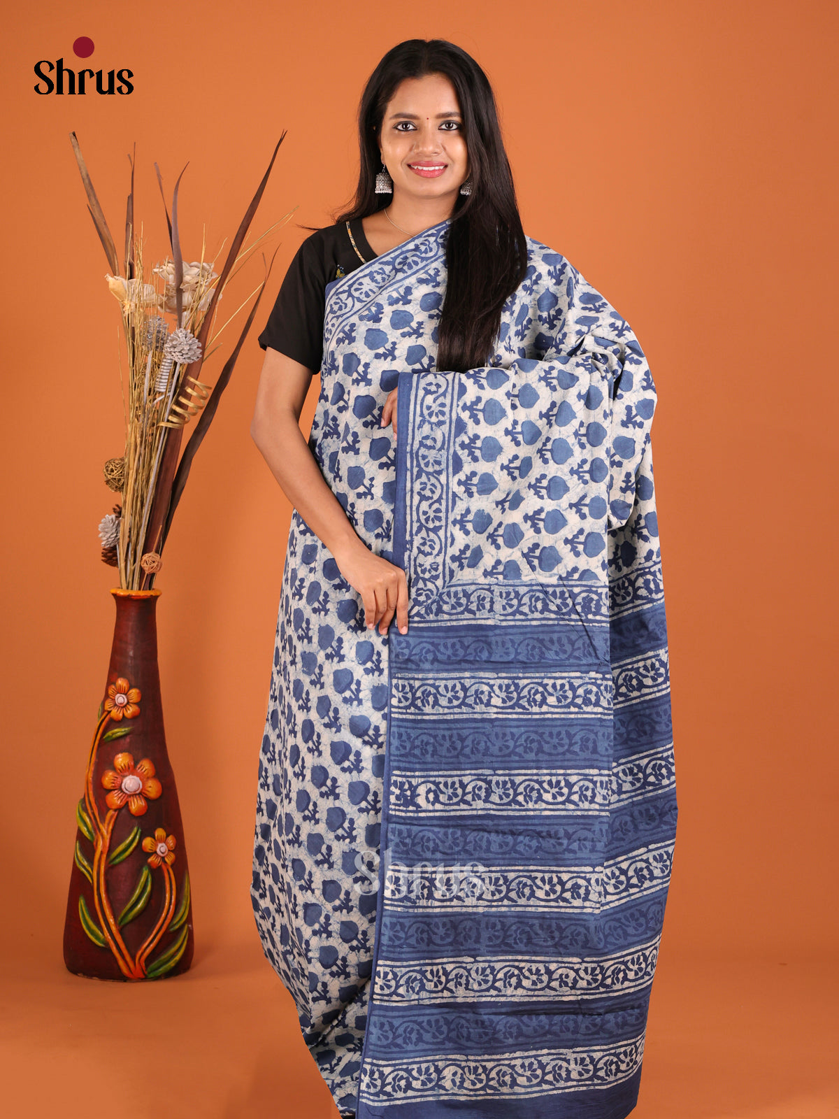 Cream & Blue - Jaipur cotton Saree