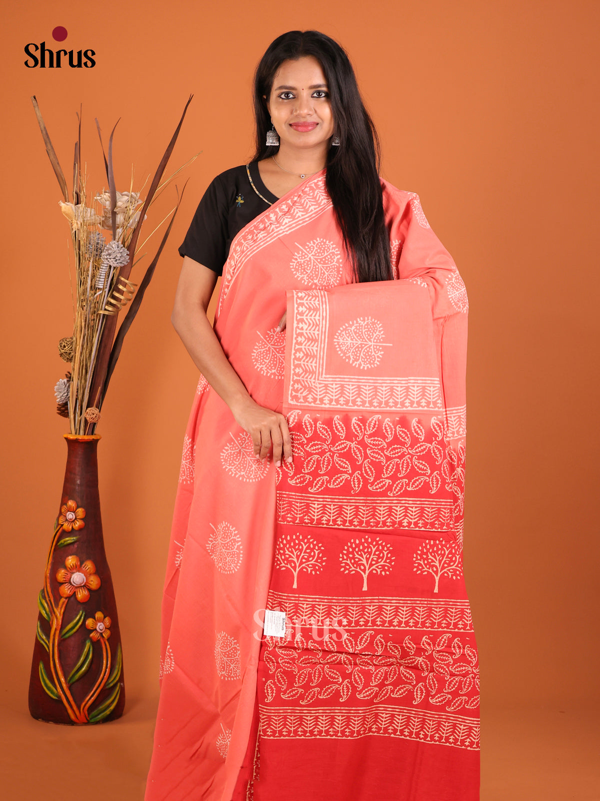 Pink & Red- Jaipur cotton Saree - Shop on Shrus.com