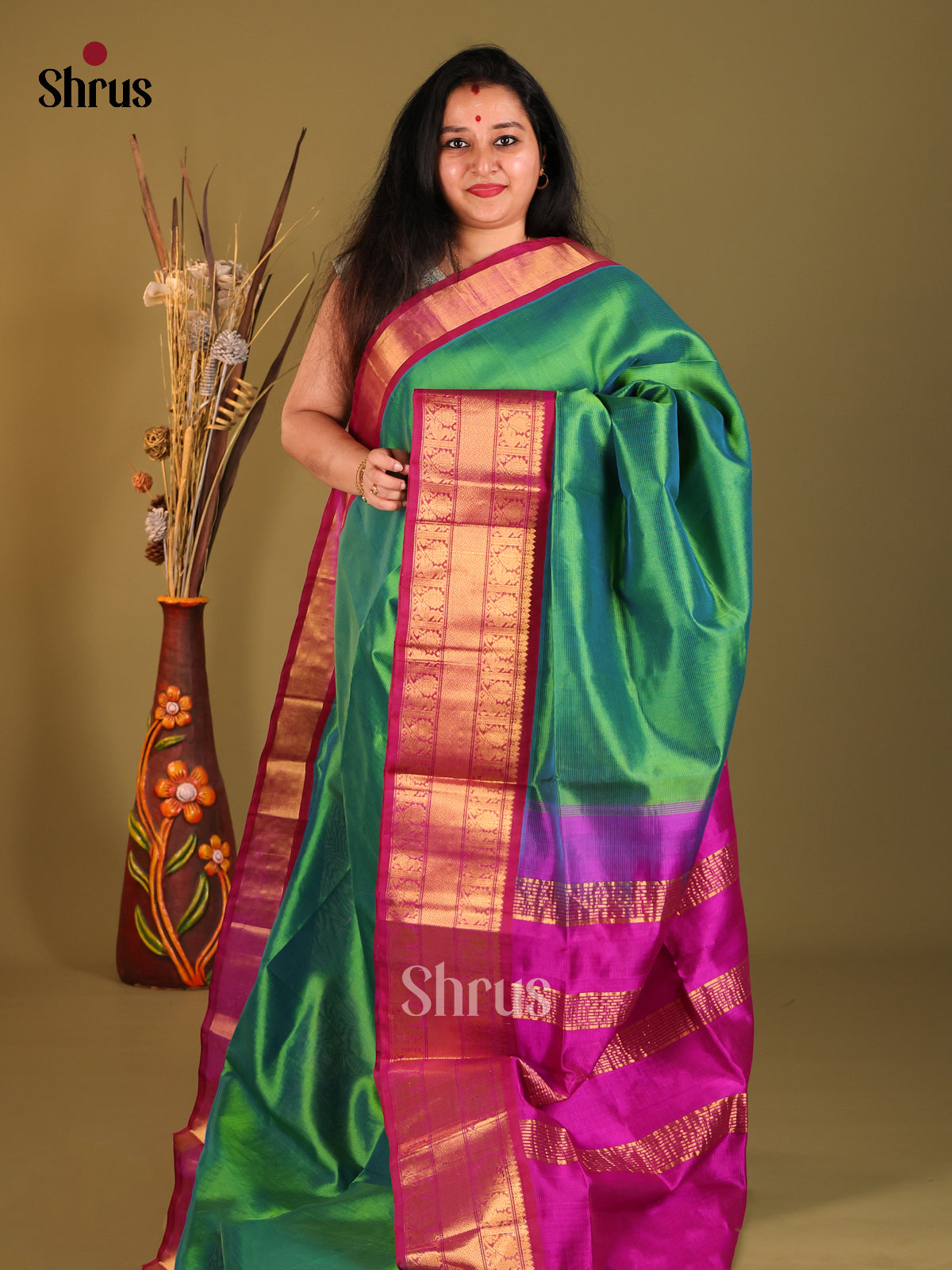 Green purple pink and red korvai silk cotton saree