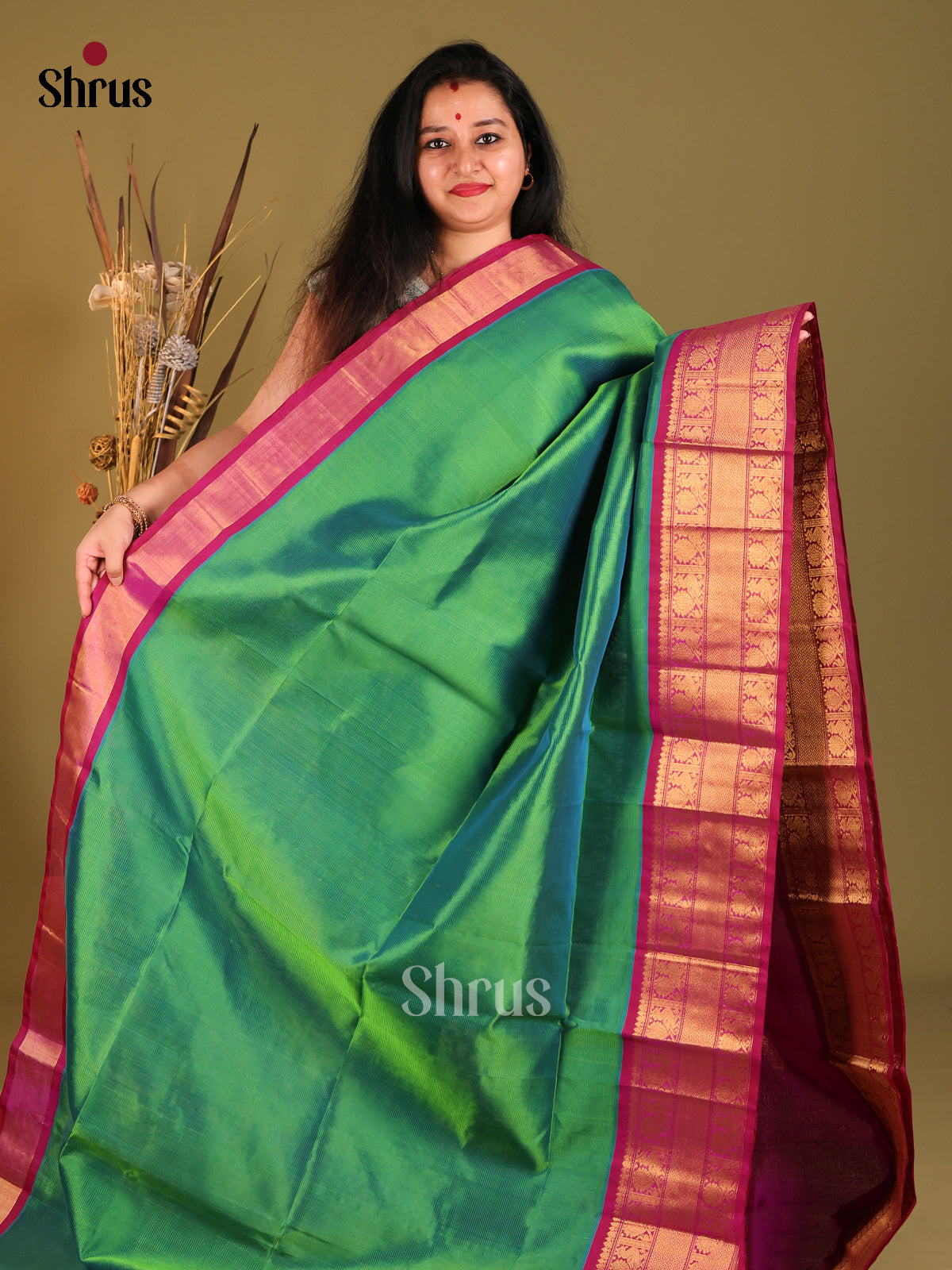 Green purple pink and red korvai silk cotton saree -1