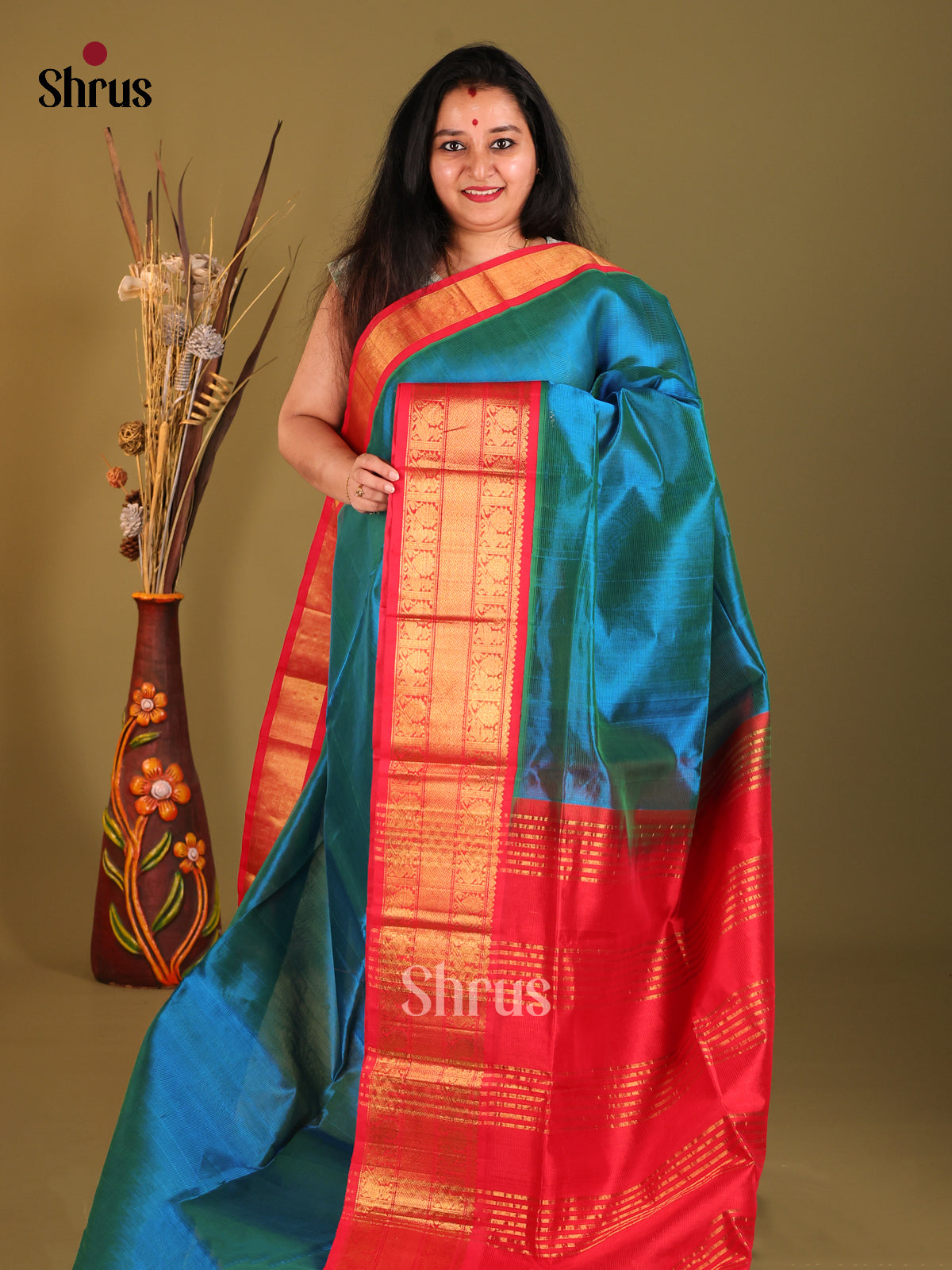 Blue & Red Silk Cotton Korvai-Big border Saree