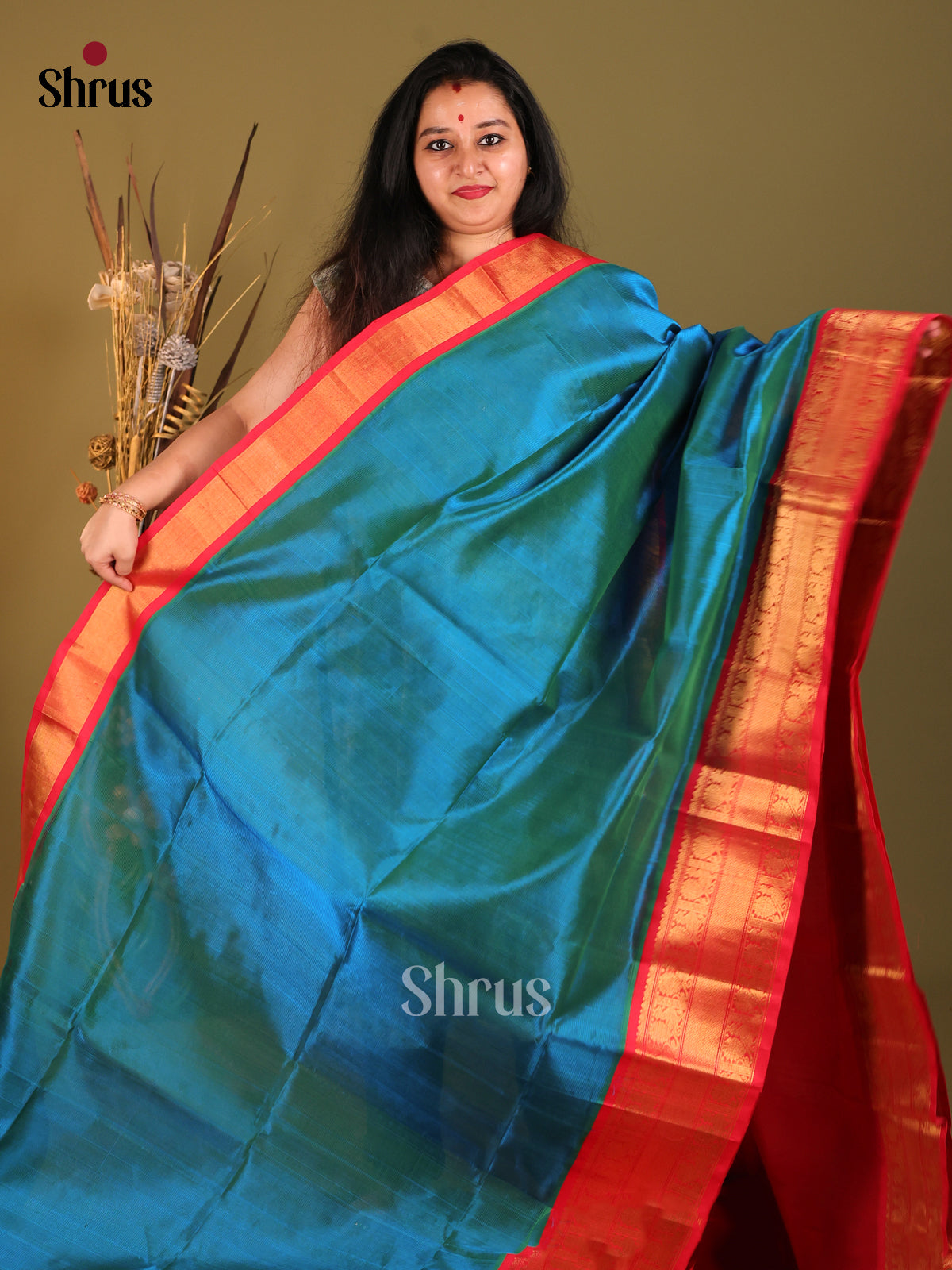 Blue & Red Silk Cotton Korvai-Big border Saree -1