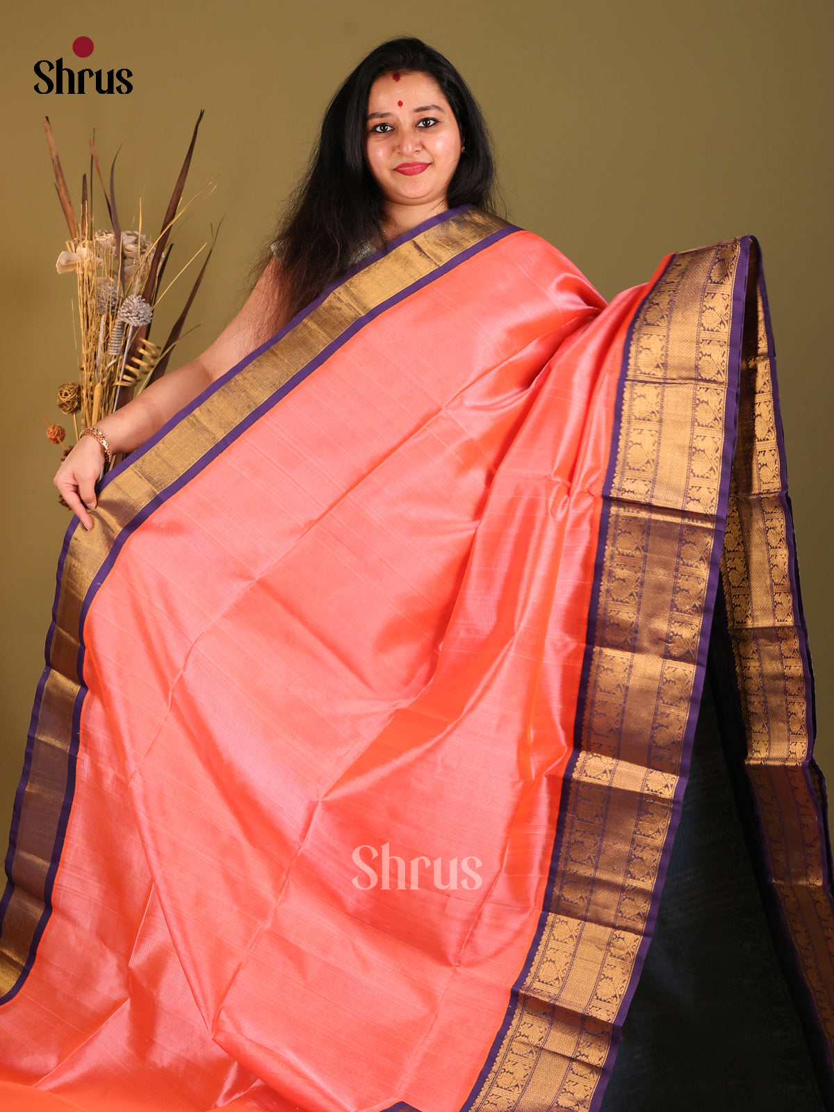 Peachish Pink & Blue Silk Cotton Korvai-Big border Saree -1