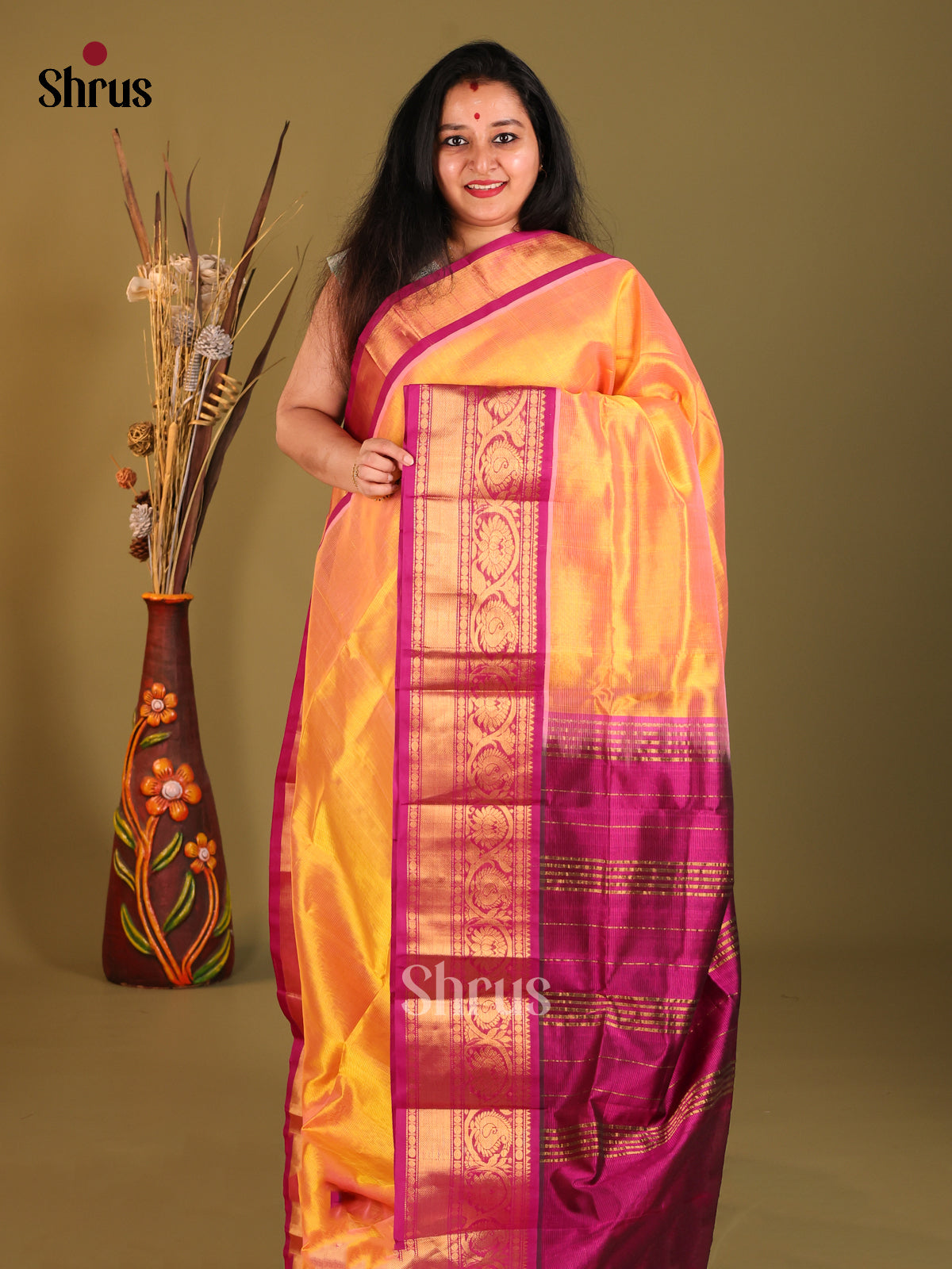 Orange & Purple Silk Cotton Korvai-Big border Saree