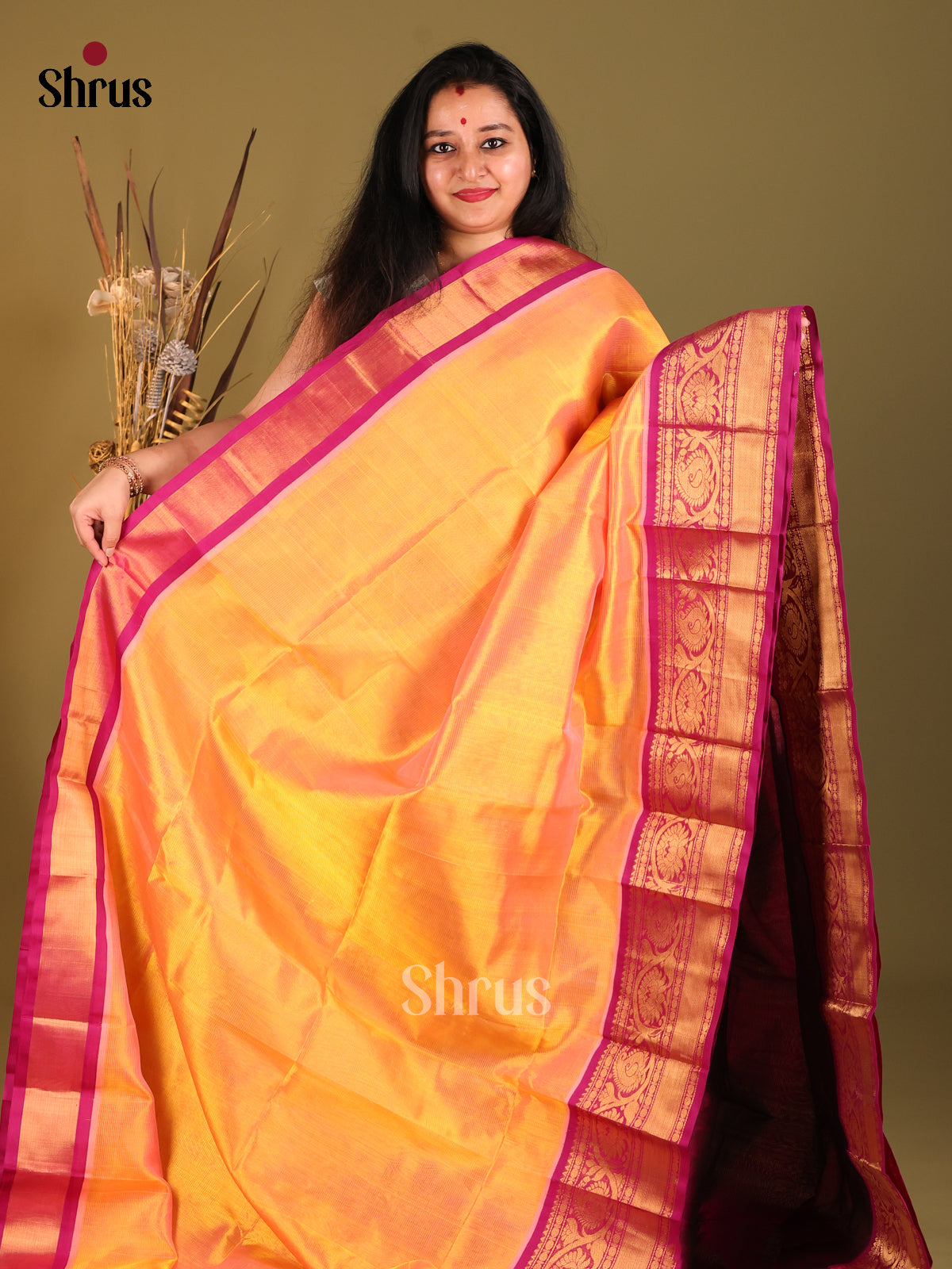 Orange & Purple Silk Cotton Korvai-Big border Saree -1