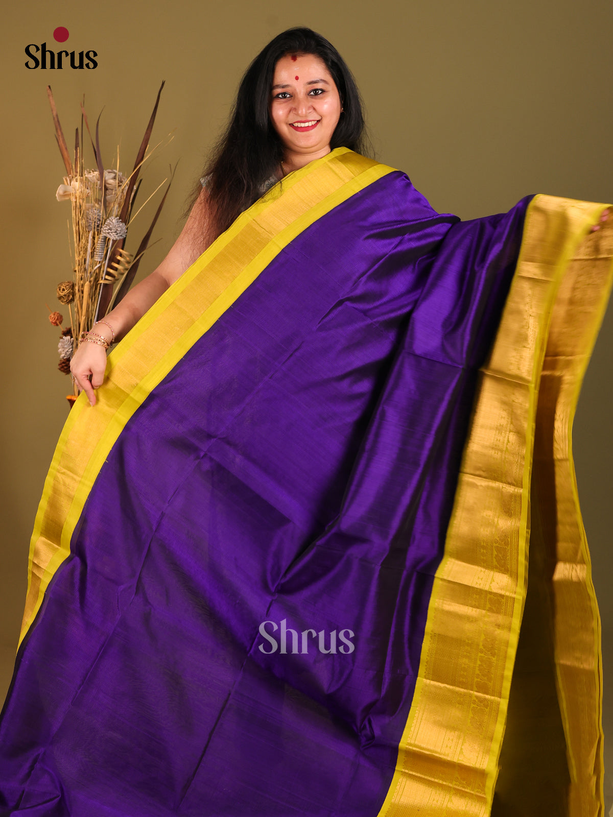 Violet & Mustardy Green SilK Cotton Korvai-Big border Saree - Shop on Shrus.com