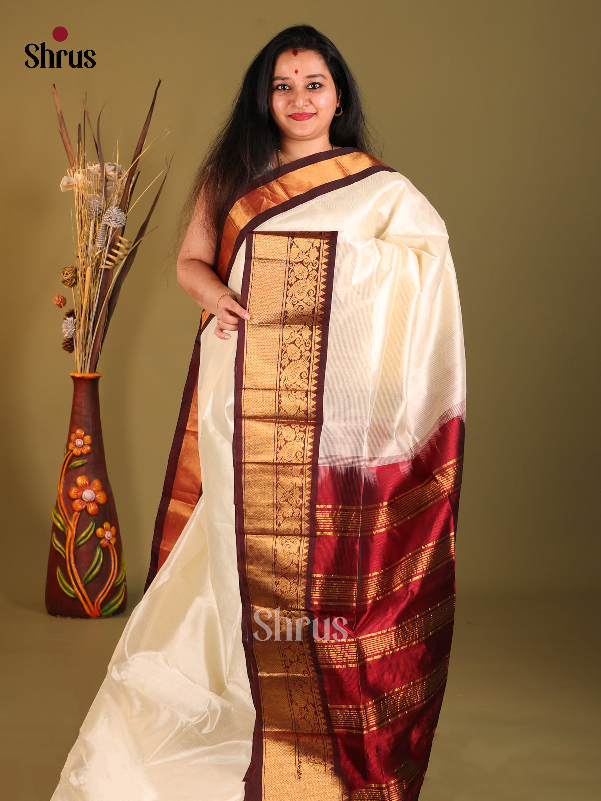 Cream & Maroon Silk Cotton Korvai-Big border Saree