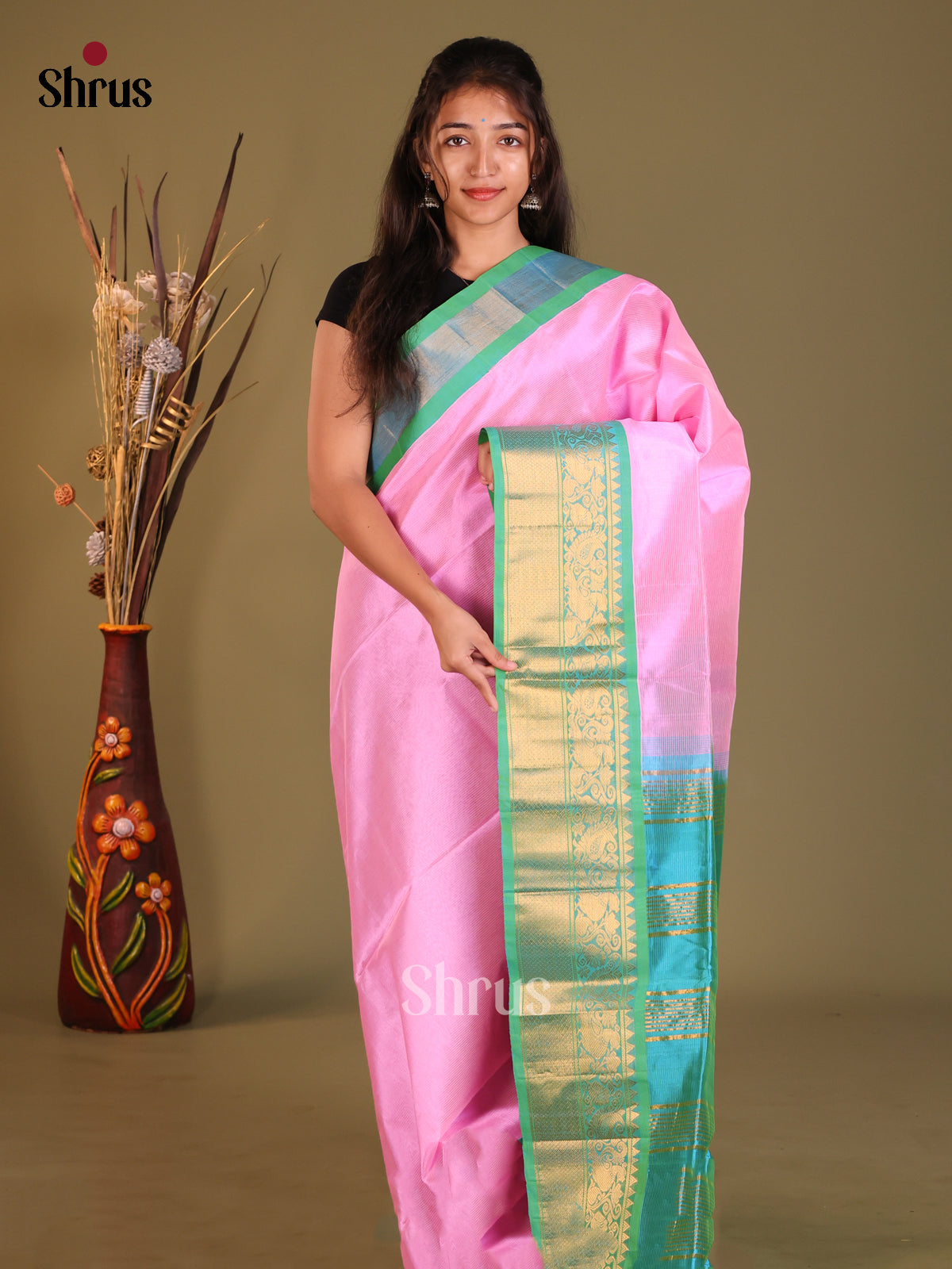 Pink & Teal Silk Cotton Korvai-Big border Saree