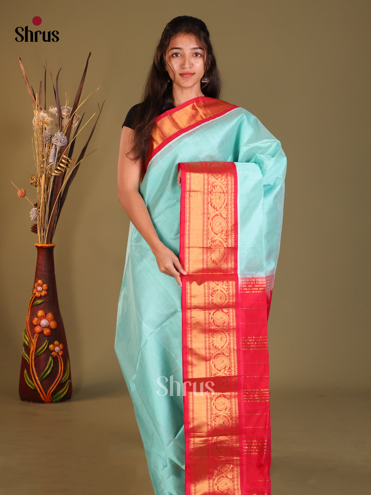 Pastel Blue & Red Silk Cotton Korvai-Big border Saree