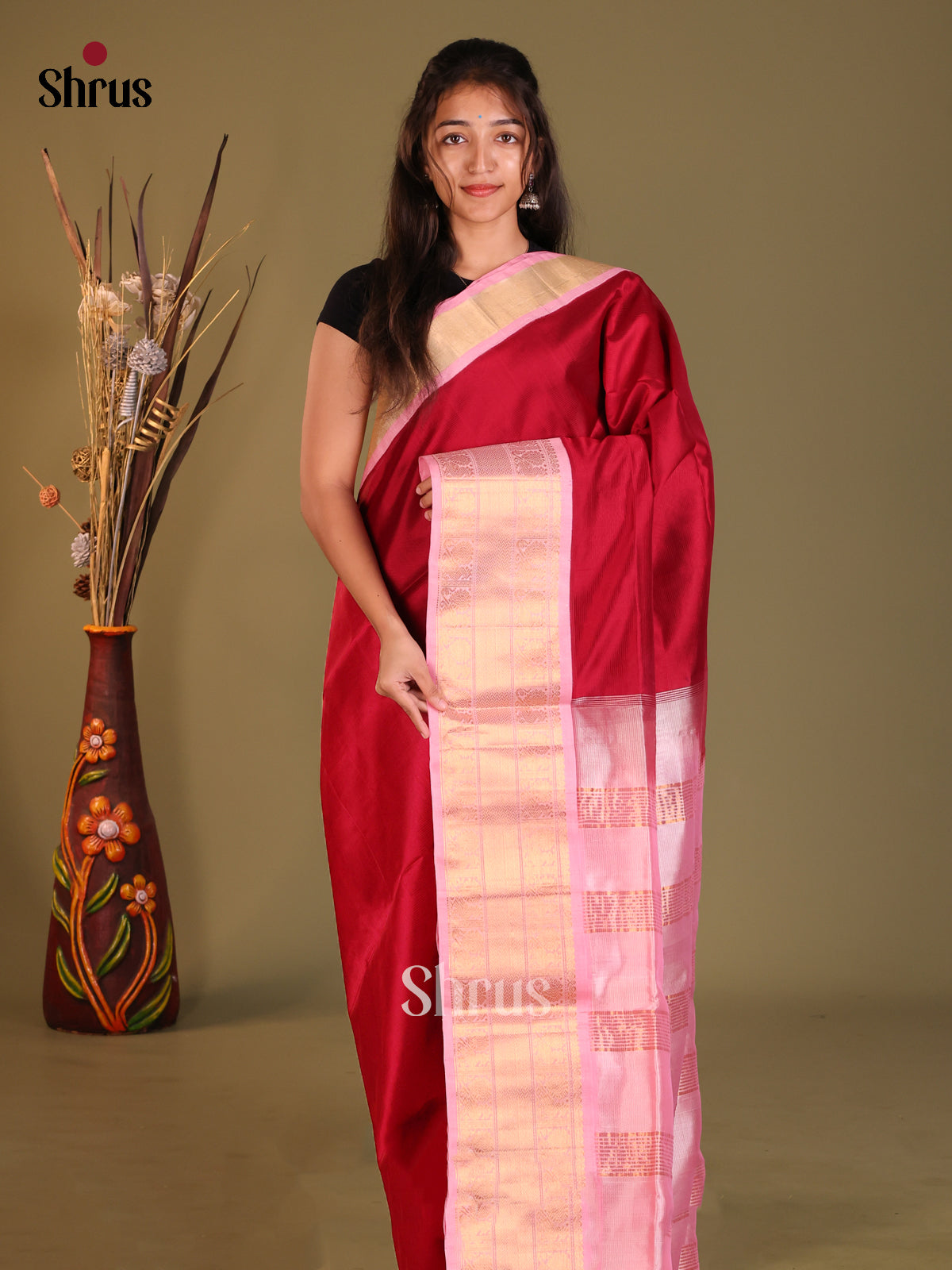 Red & Pink Silk Cotton Korvai-Big border Saree - Shop on Shrus.com