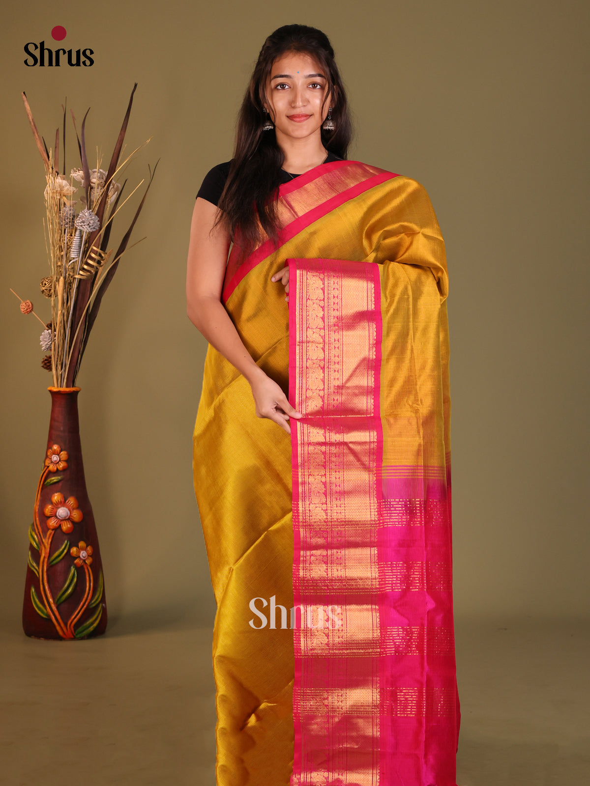 Mehandi & Pink Silk Cotton Korvai-Big border Saree - Shop on Shrus.com