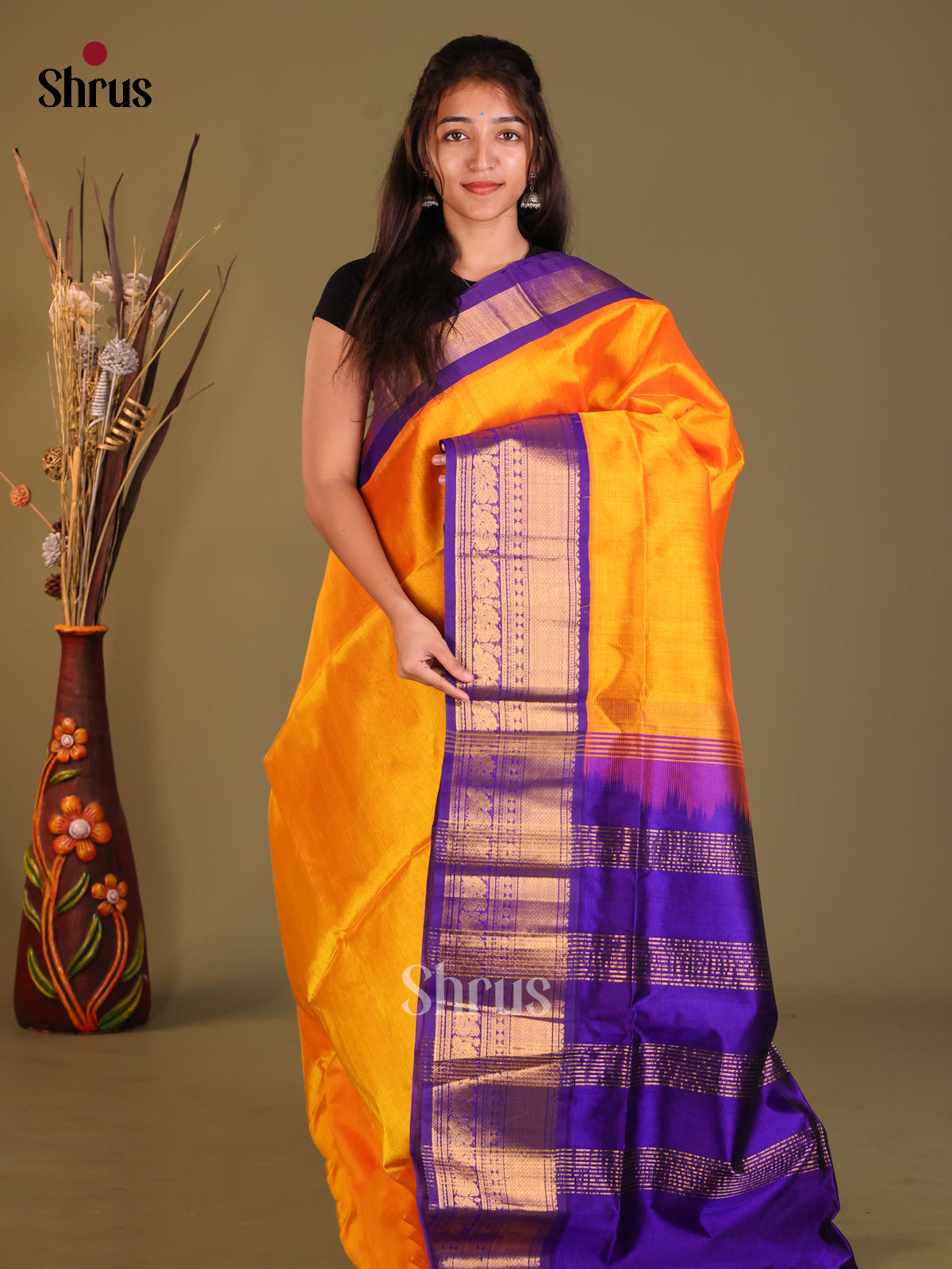 Mambazha Yellow & Blue Silk Cotton Korvai-Big border Saree